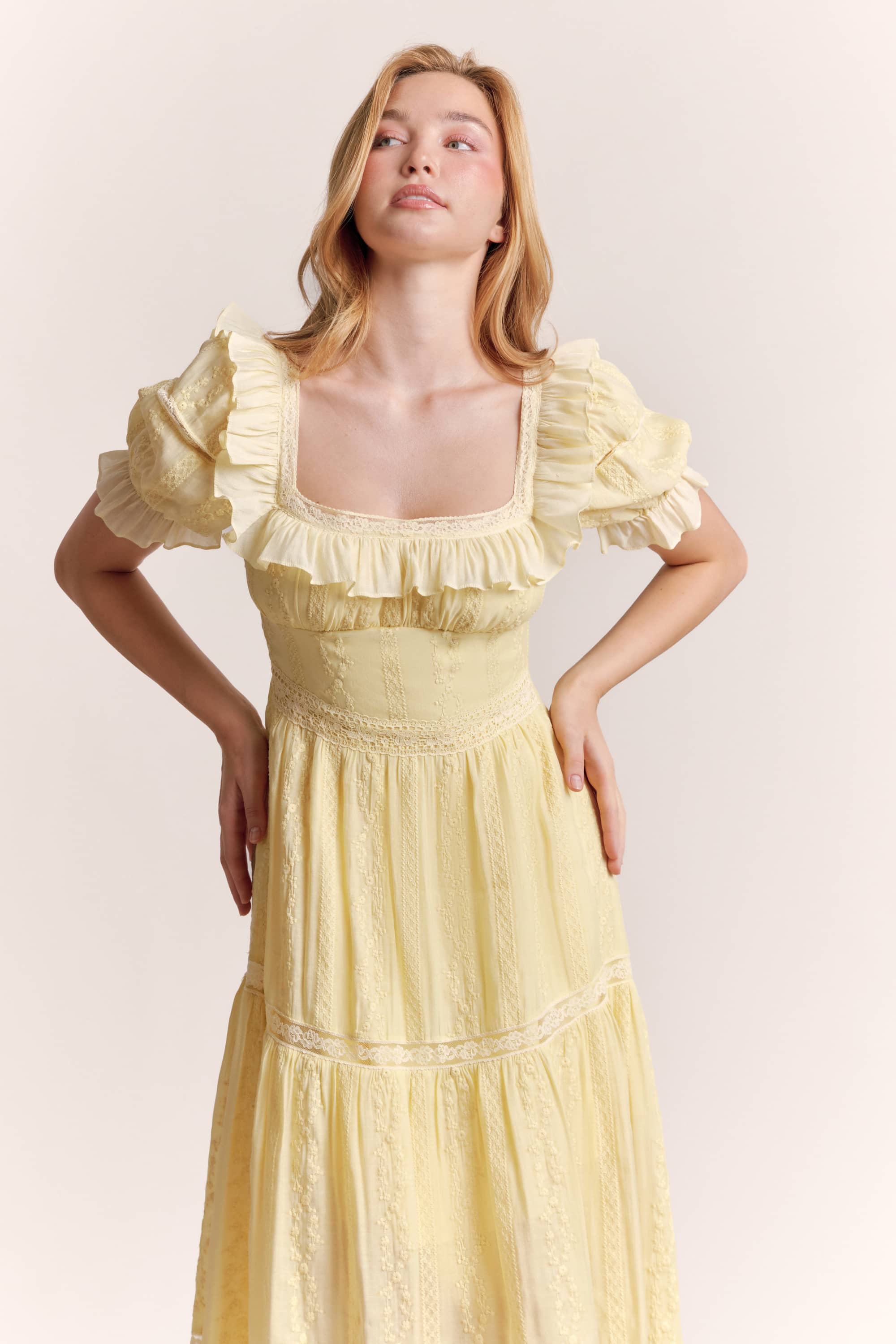 Aurora Lace Midi Dress in Soft Butter Yellow