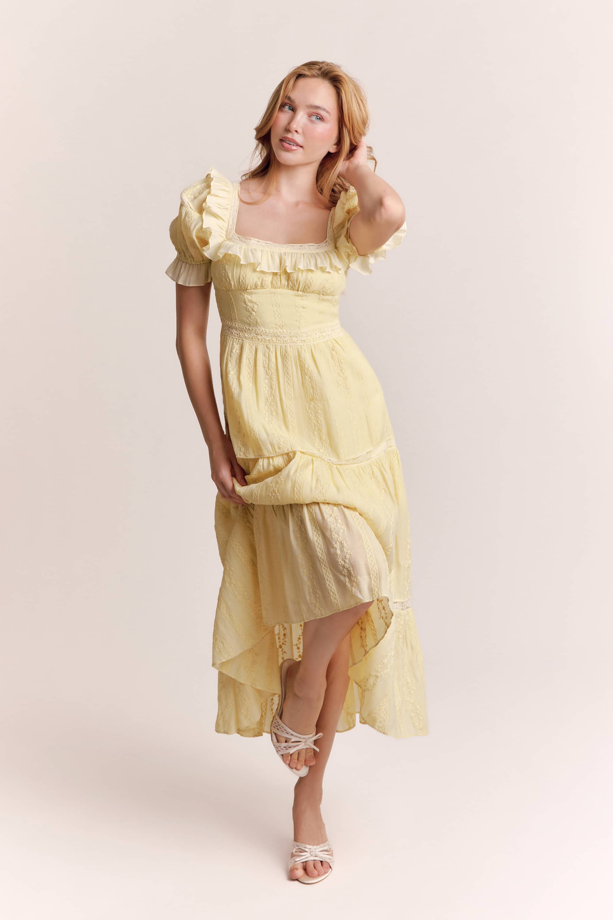 Aurora Lace Midi Dress in Soft Butter Yellow