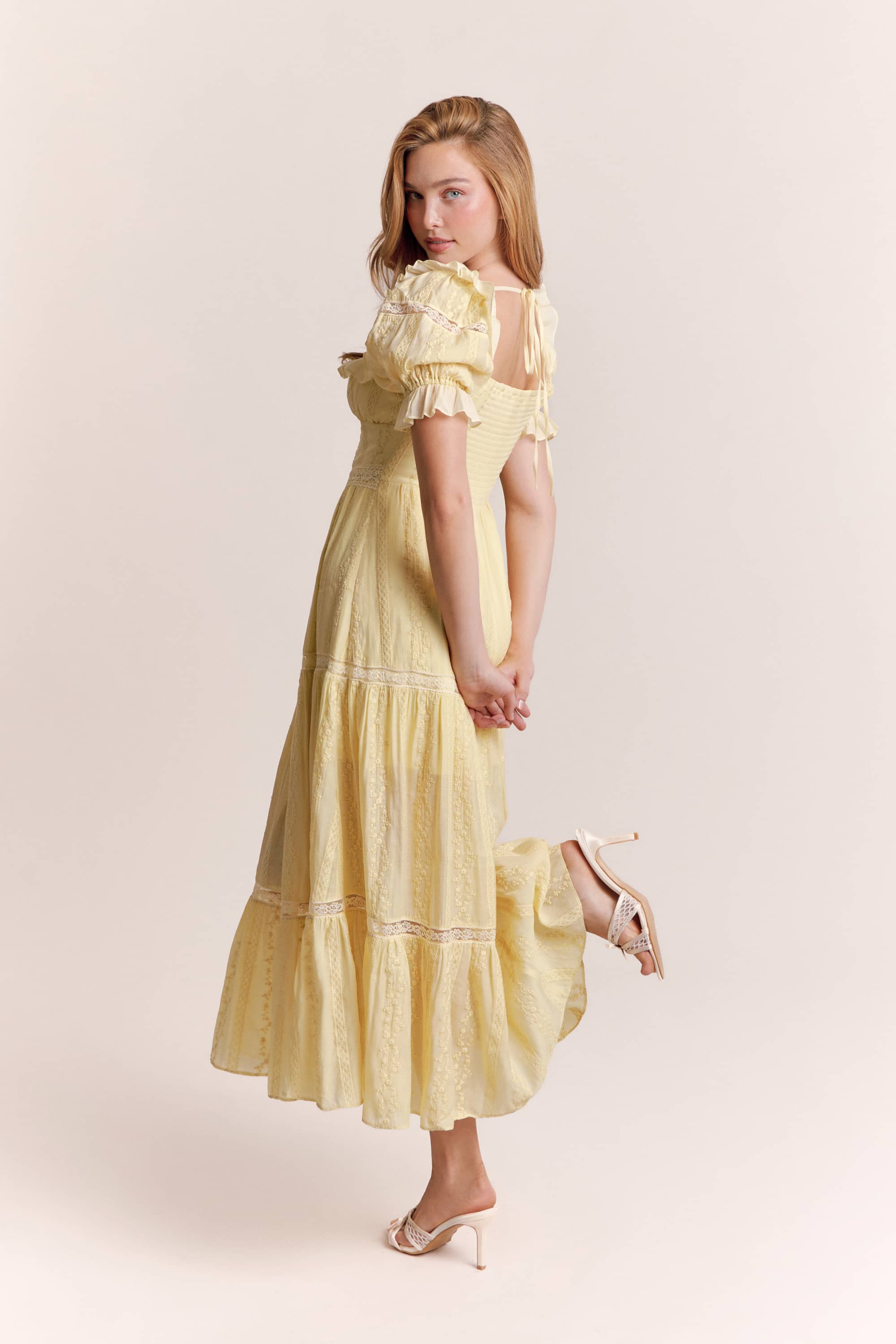 Aurora Lace Midi Dress in Soft Butter Yellow