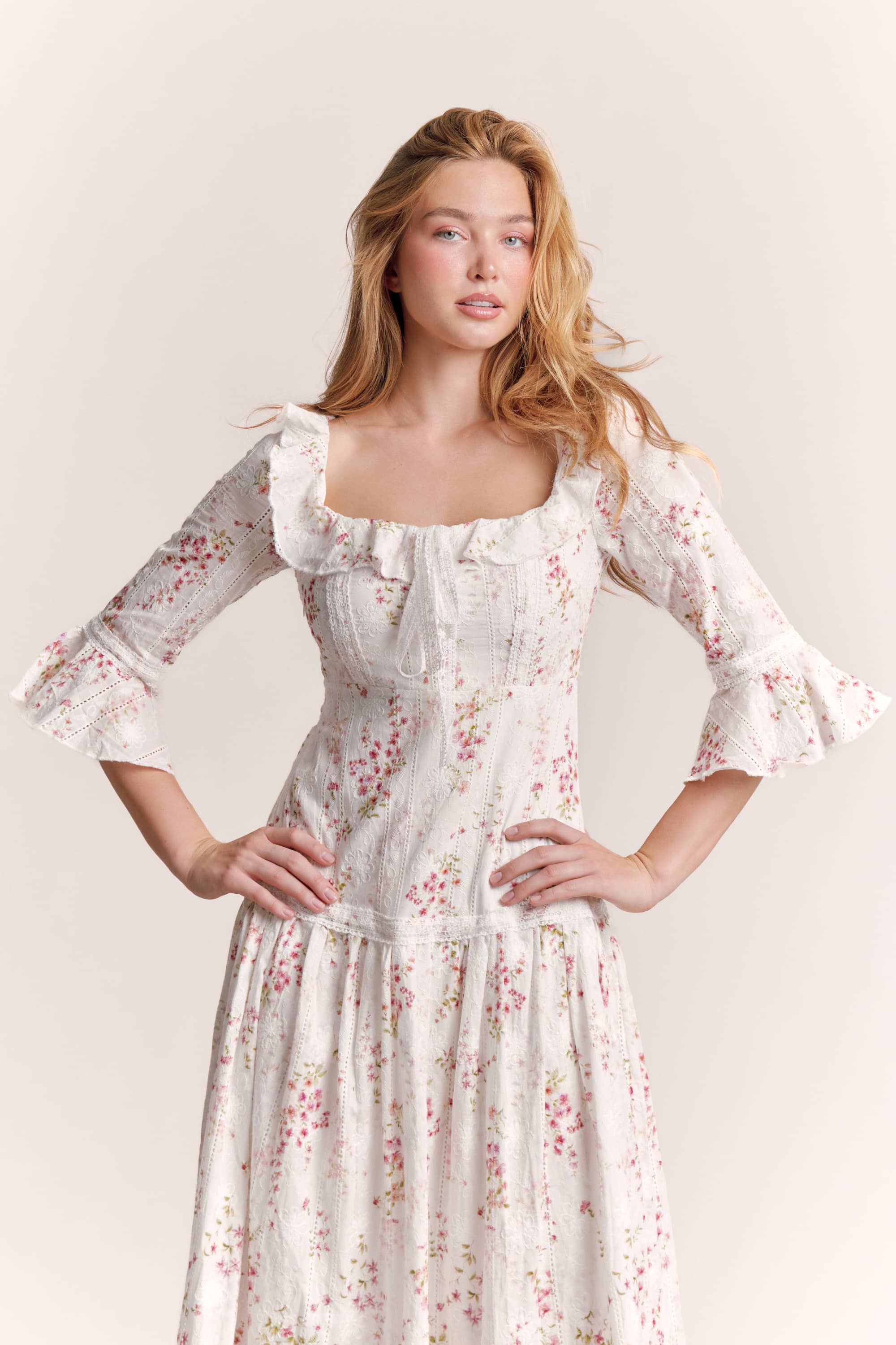Hera Floral Cotton Midi Dress in White
