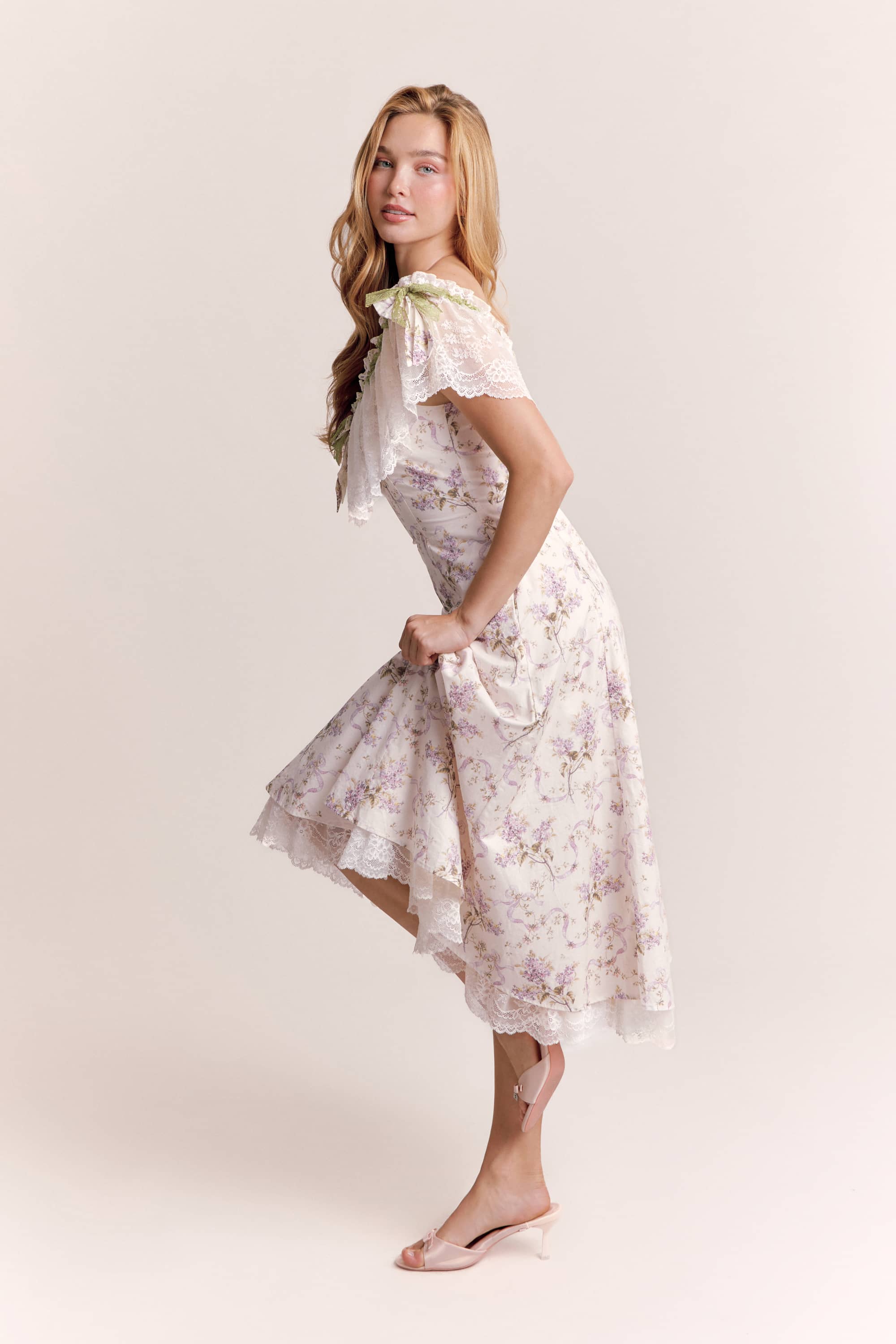 Lunella Floral Cotton Midi Dress in Soft Lavender