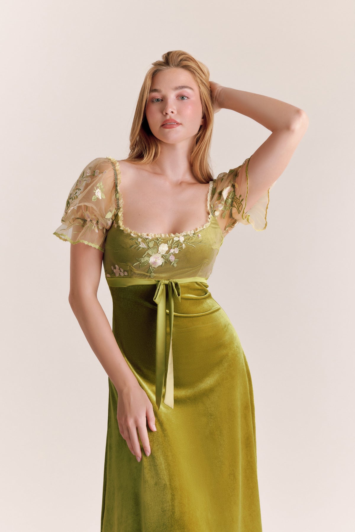 Liliana Green Velvet Puff Sleeve Midi Dress