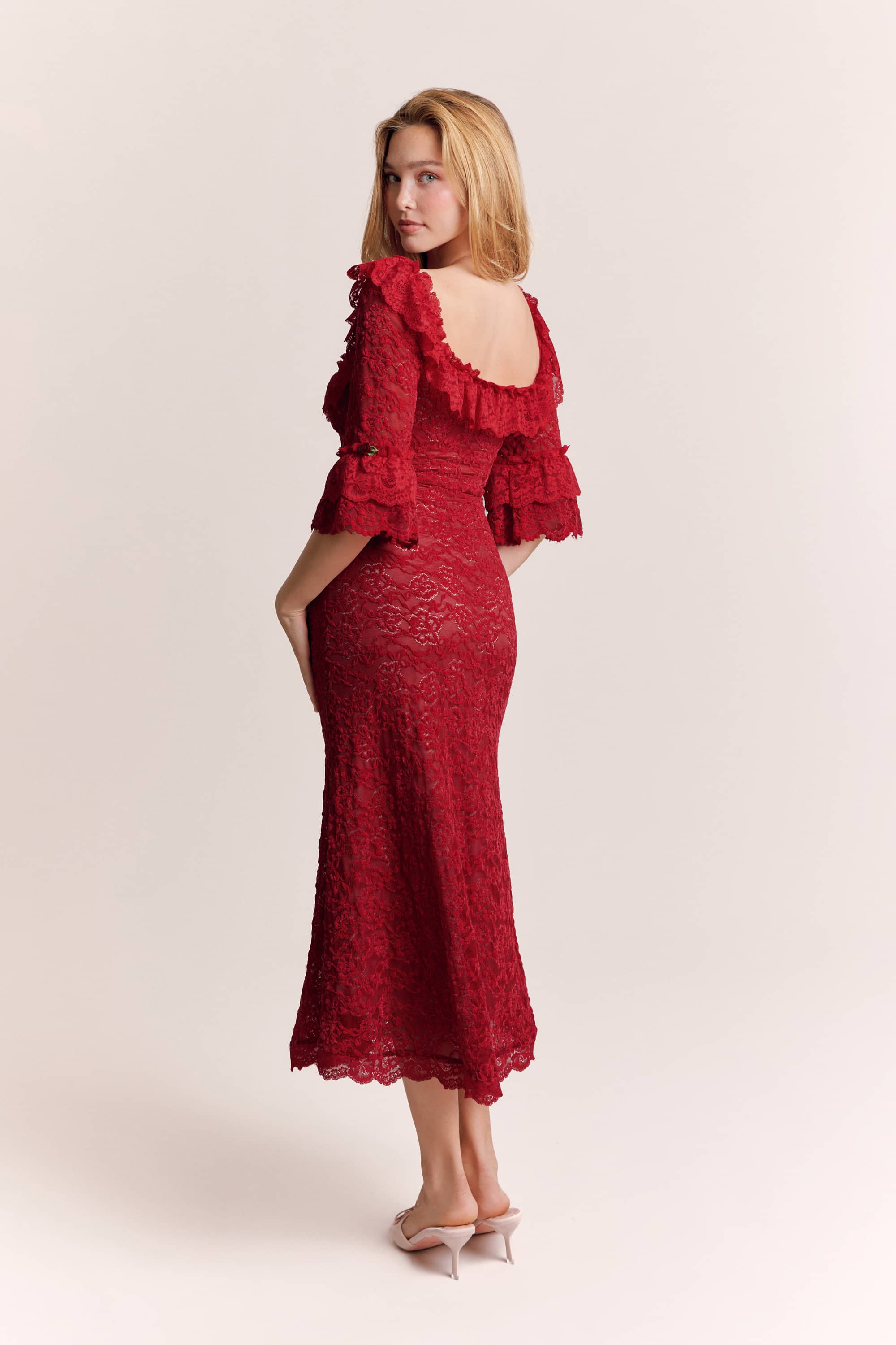 Scarlett Chenille Lace Midi Dress in Ruby Red