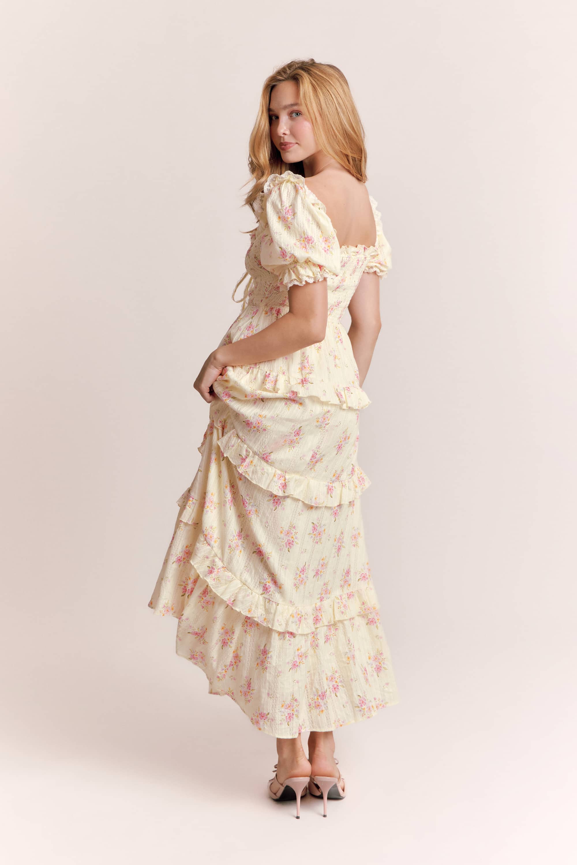 Anabel Floral Cotton Maxi Dress in Beige