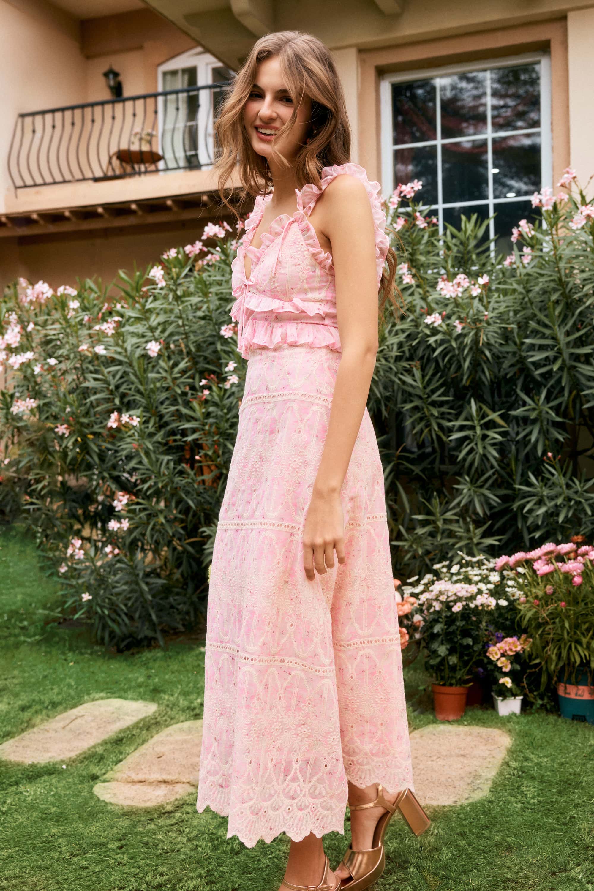 Helena Embroidered Chiffon Midi Dress in Blush Pink