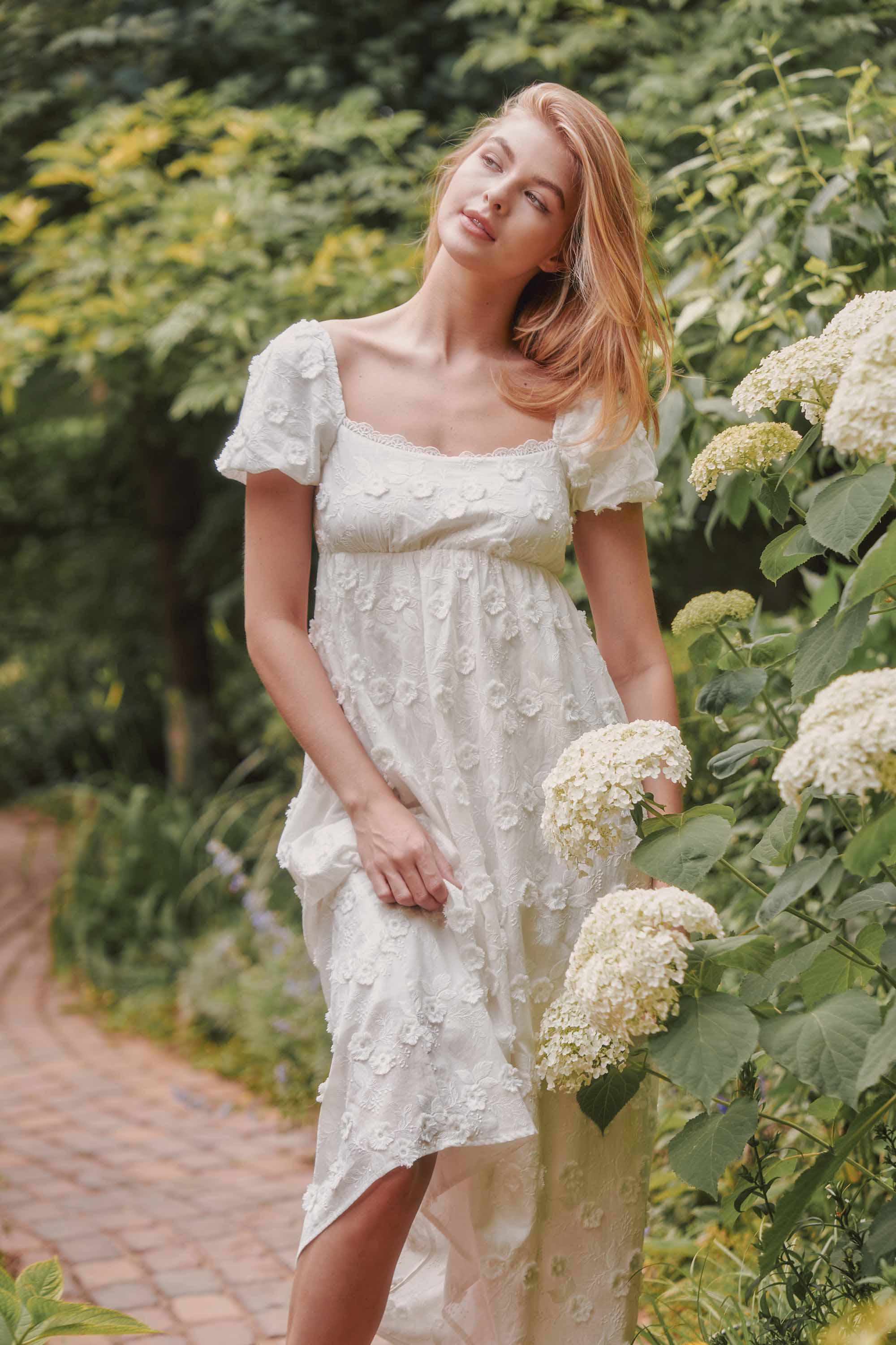 Kaylin Applique Cotton Midi Dress in Ivory