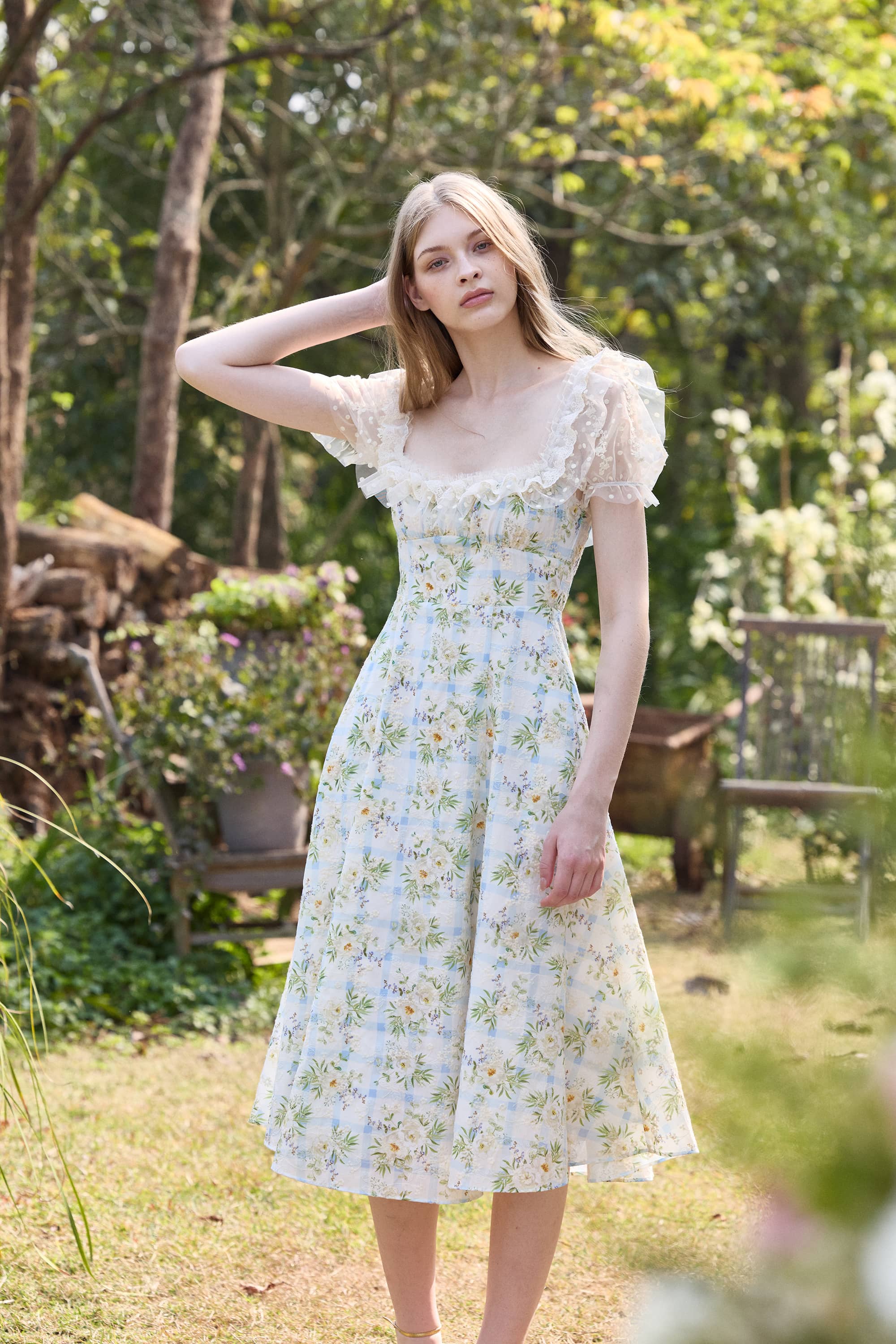 Kimberly Embroidered Puff Sleeve Midi Dress in Powder Blue