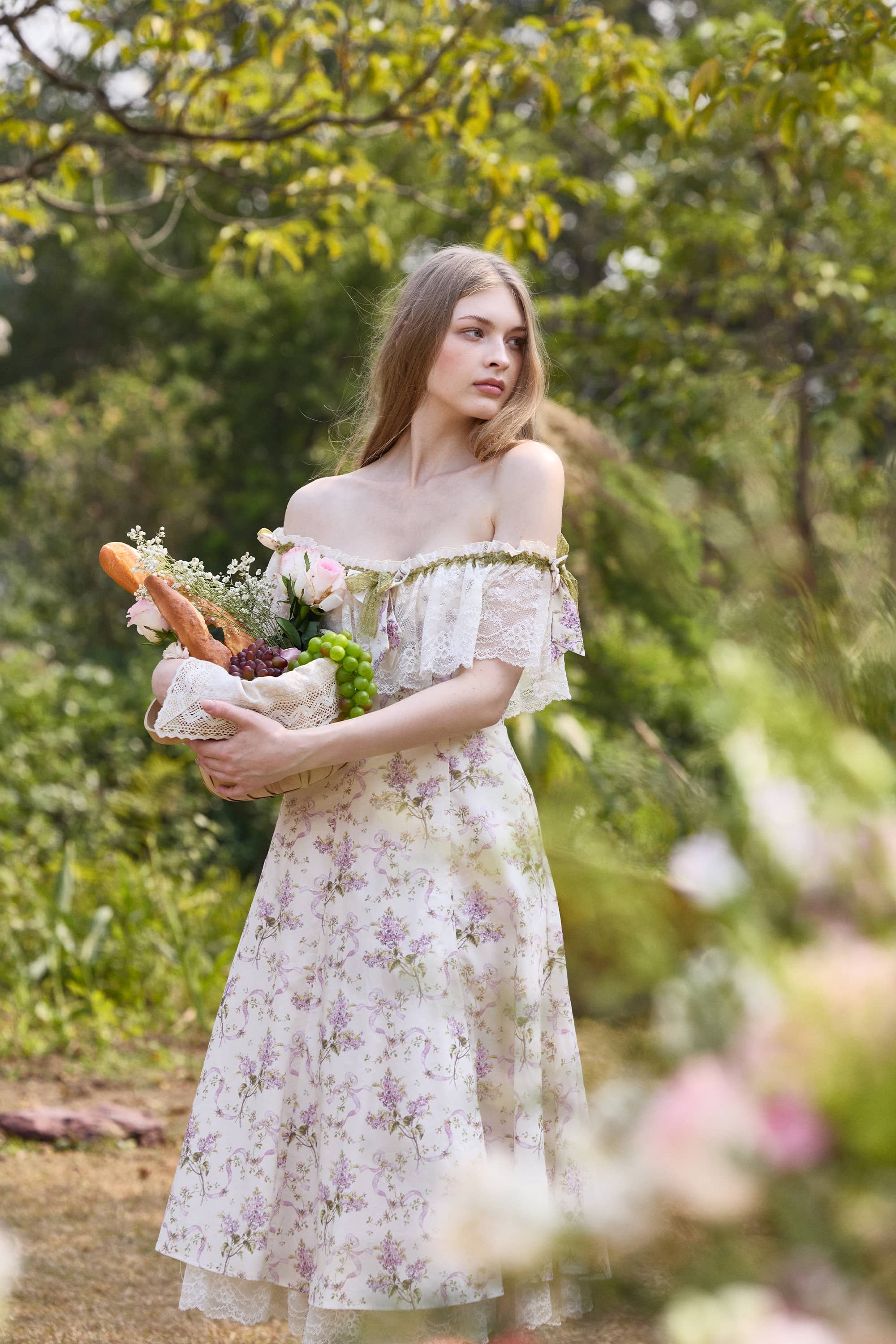 Lunella Floral Cotton Midi Dress in Soft Lavender