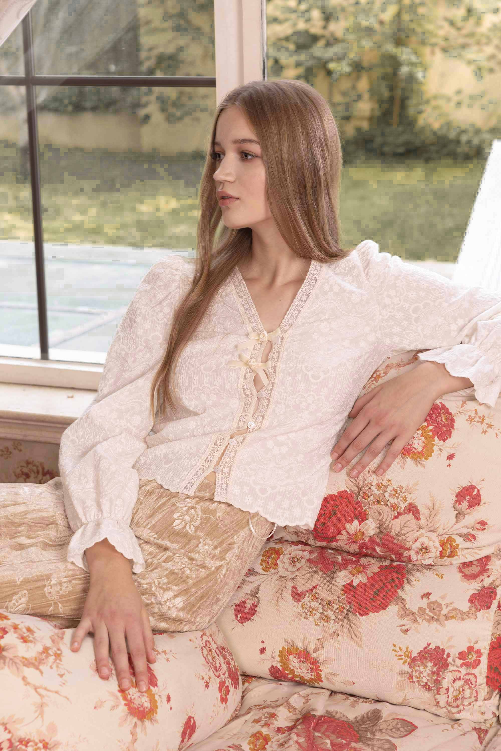 Marina Off-white Lace Embroidered Blouse