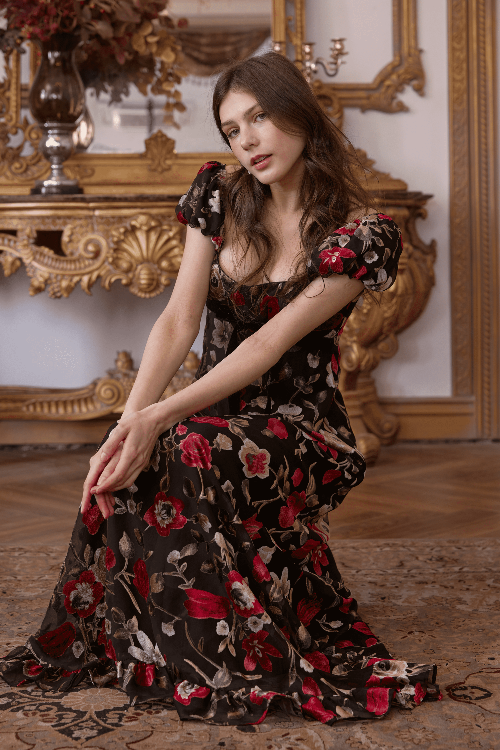 Peltz Squared Neckline Velvet Floral Gown Dress