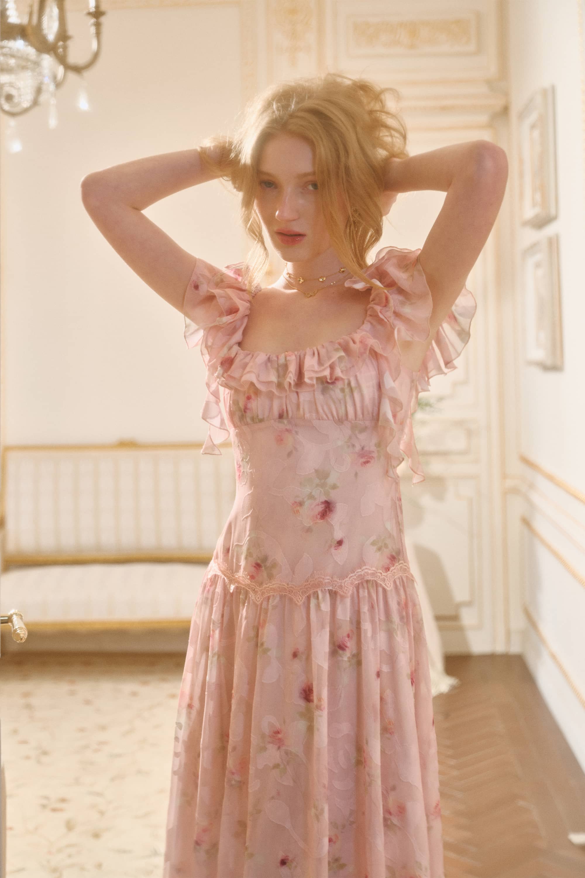 Ria Applique Chiffon Maxi Dress in Tea Rose Pink S