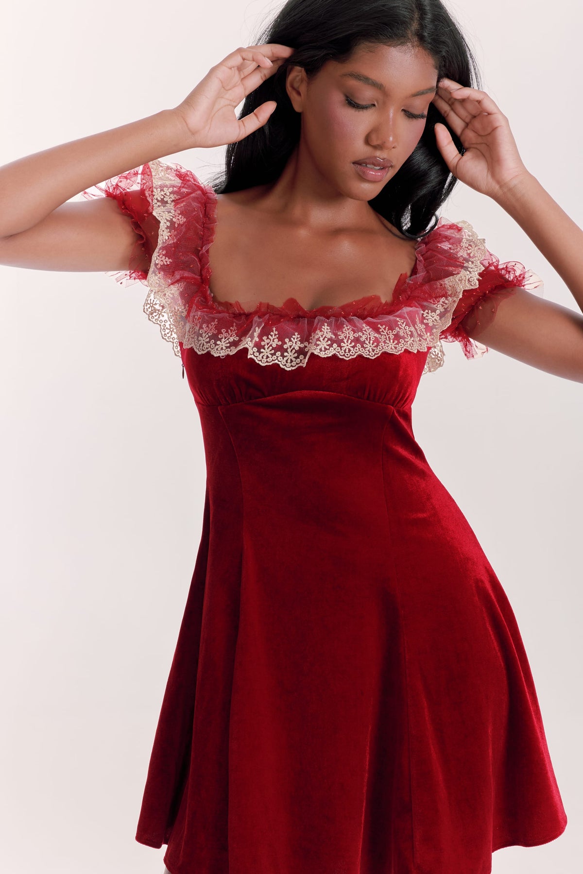 Ava Red Velvet Puff Sleeve Mini Dress