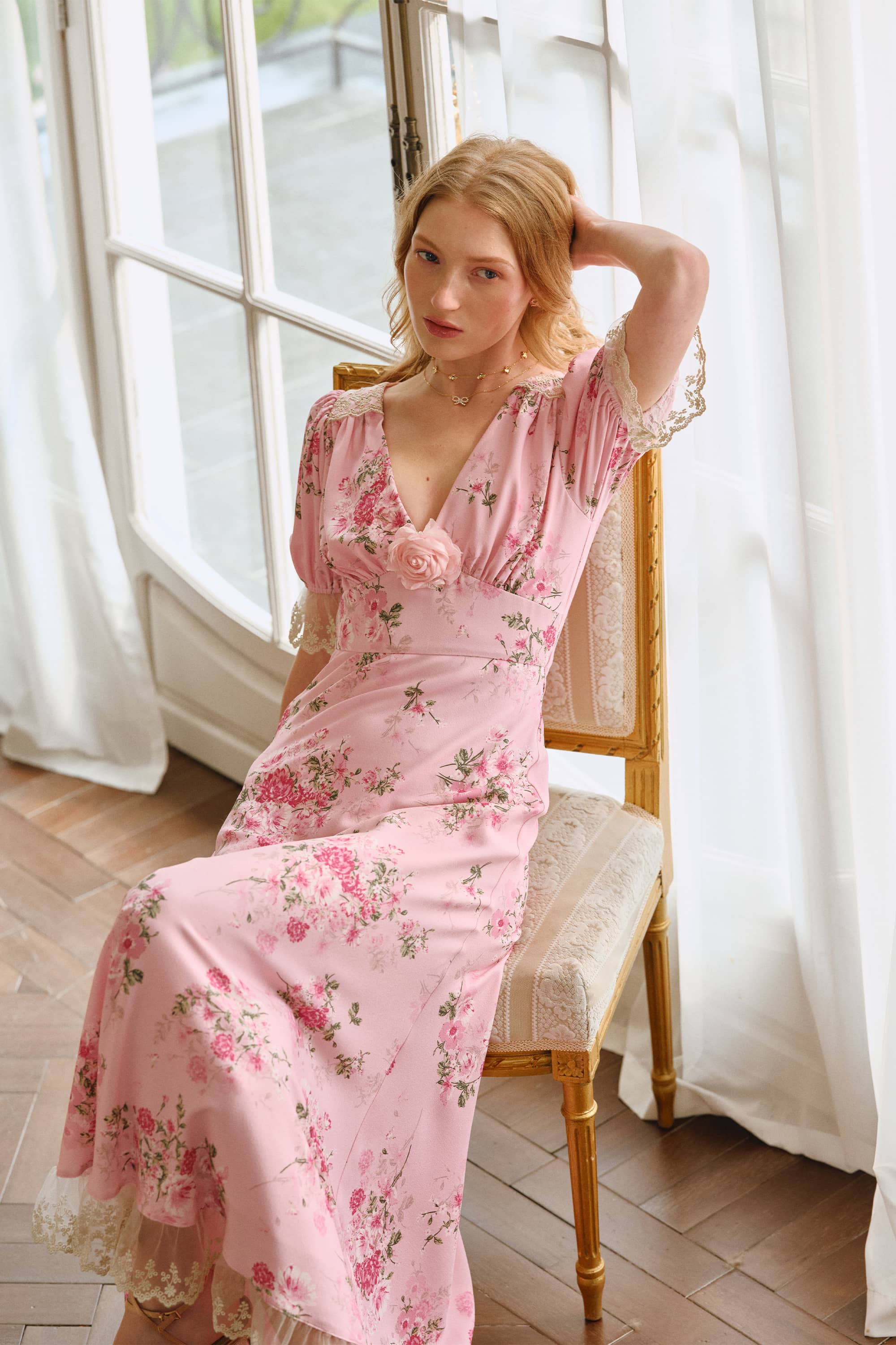 Serena Floral Rosette Maxi Dress in Carnation Pink