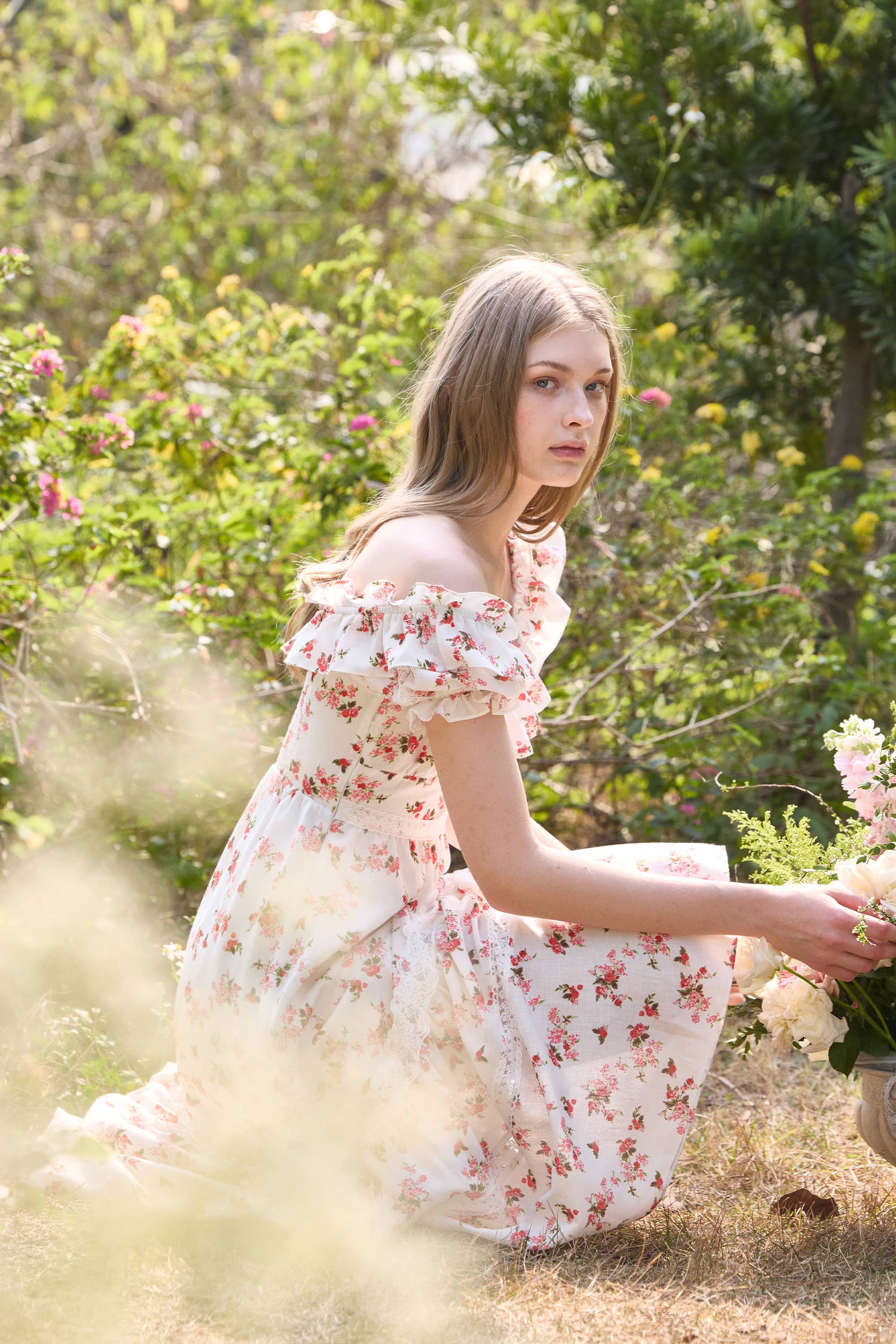 Alora Floral Lace Midi Dress in White