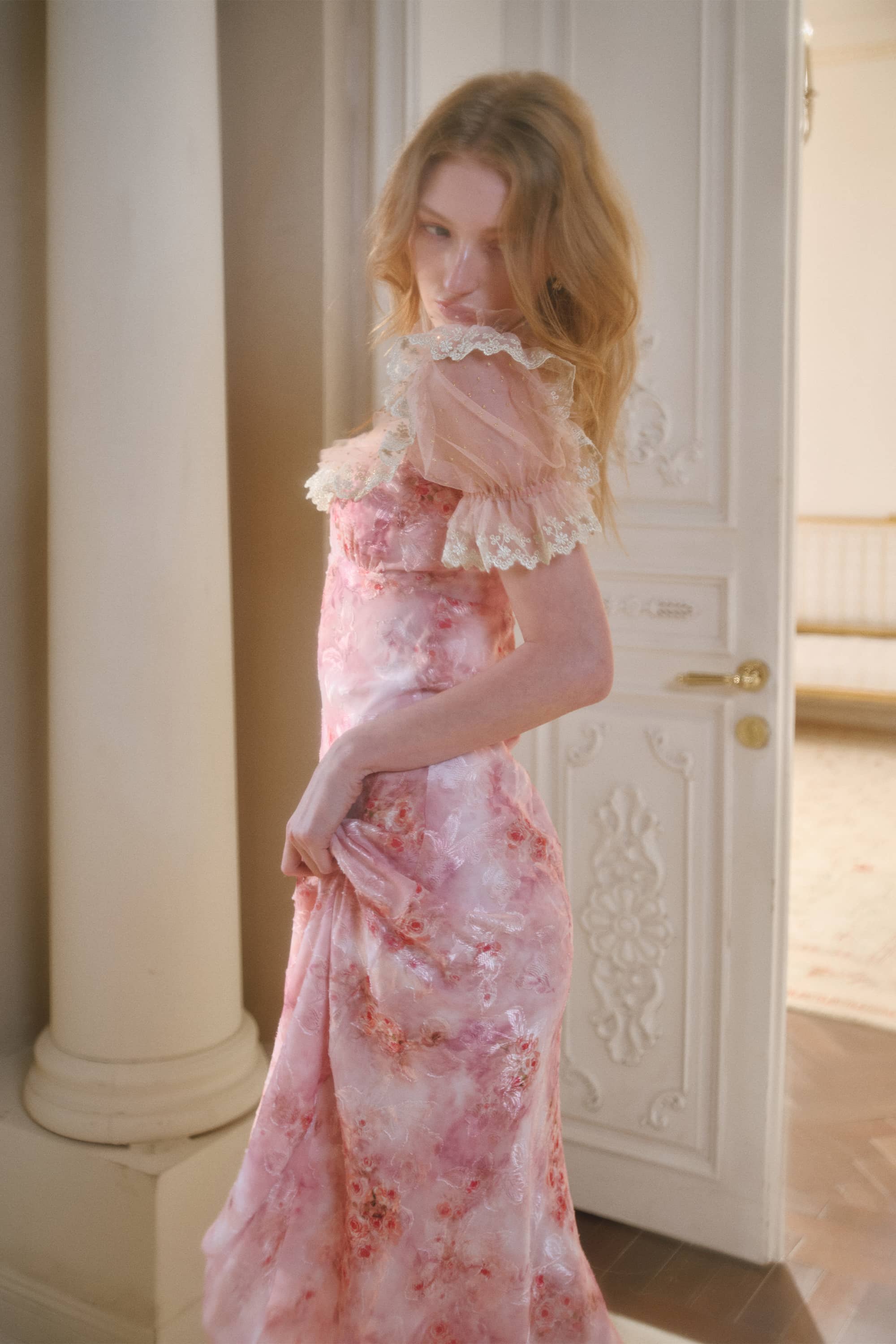 Kellie Applique Chiffon Maxi Dress in Blush Pink