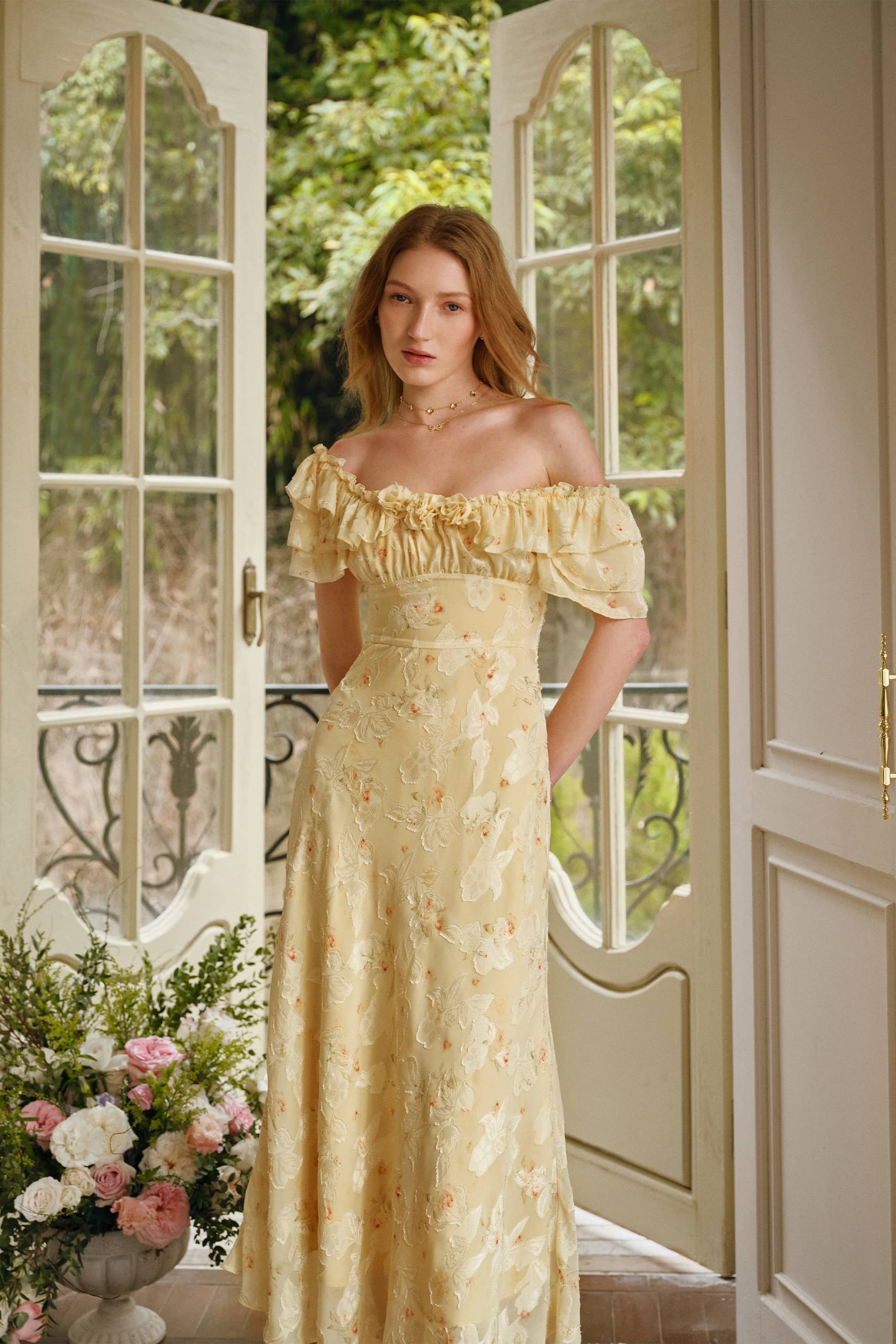Clementine Applique Chiffon Maxi Dress in Primrose Yellow
