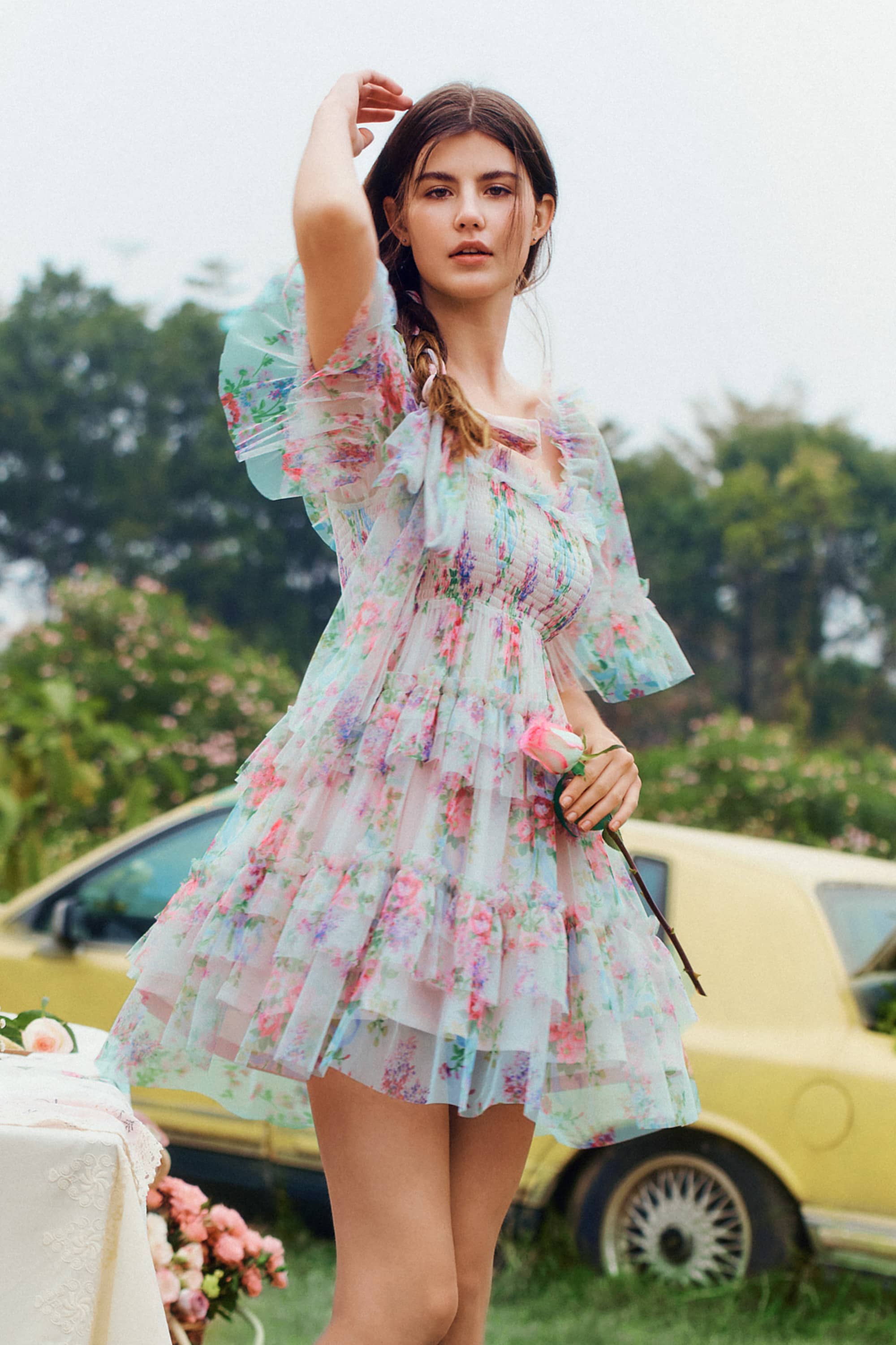 Beatrice Floral Tulle Mini Dress in Aqua Blue