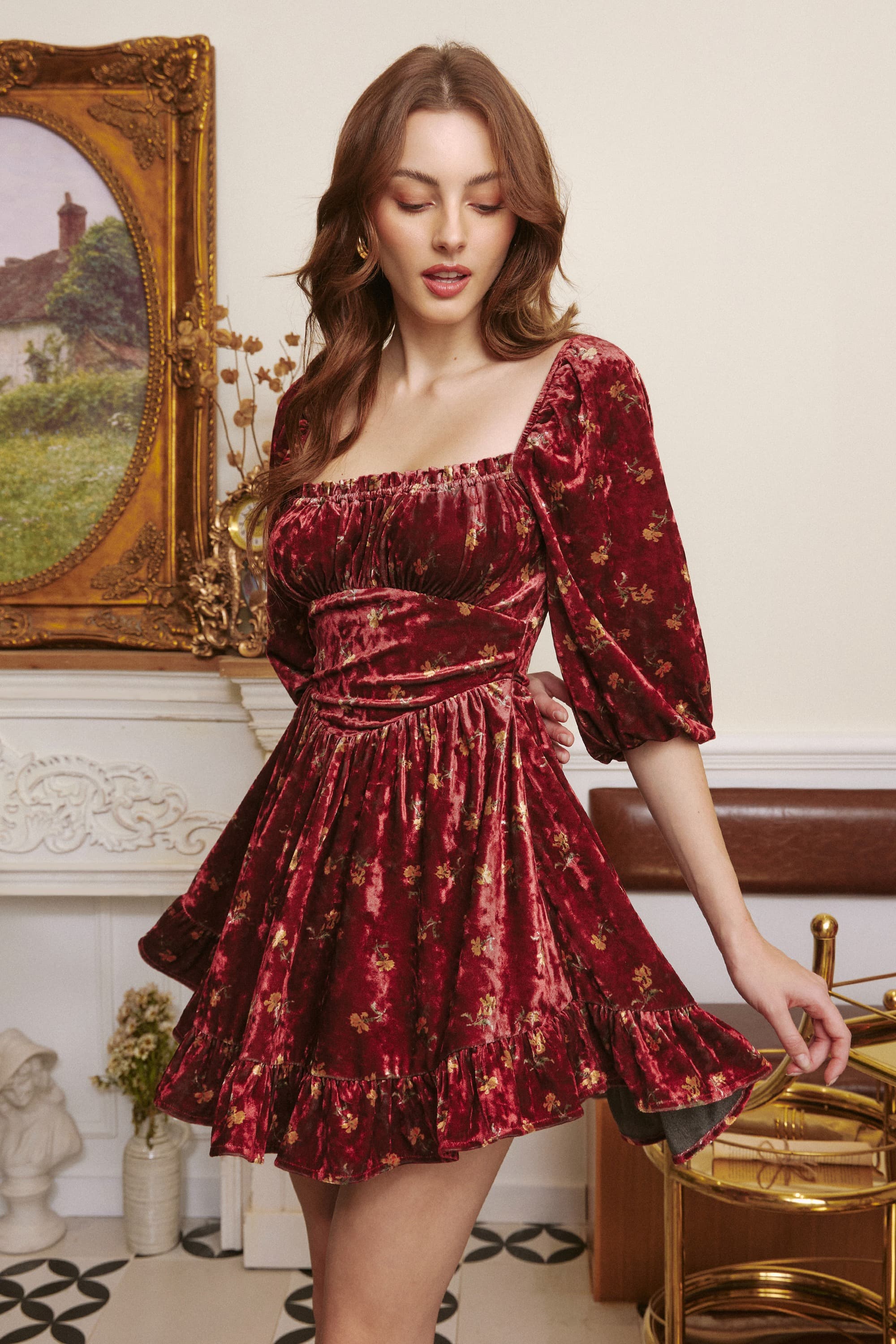 Betty Floral Velvet Mini Dress in Burgundy Red