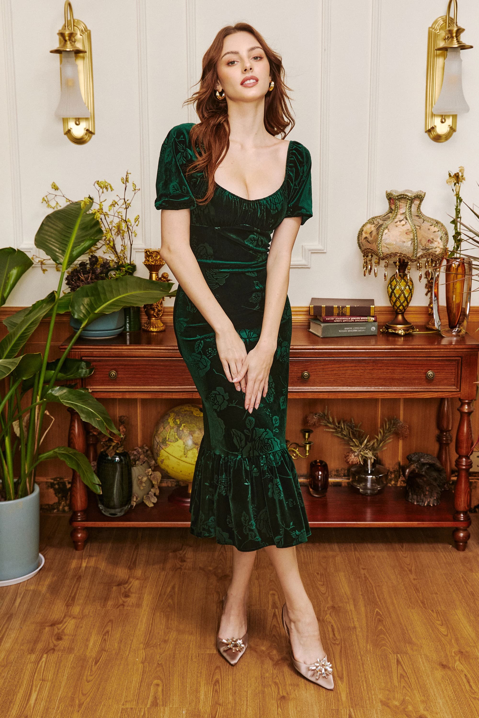 Brielle Embossed Velvet Midi Dress in Emerald Green