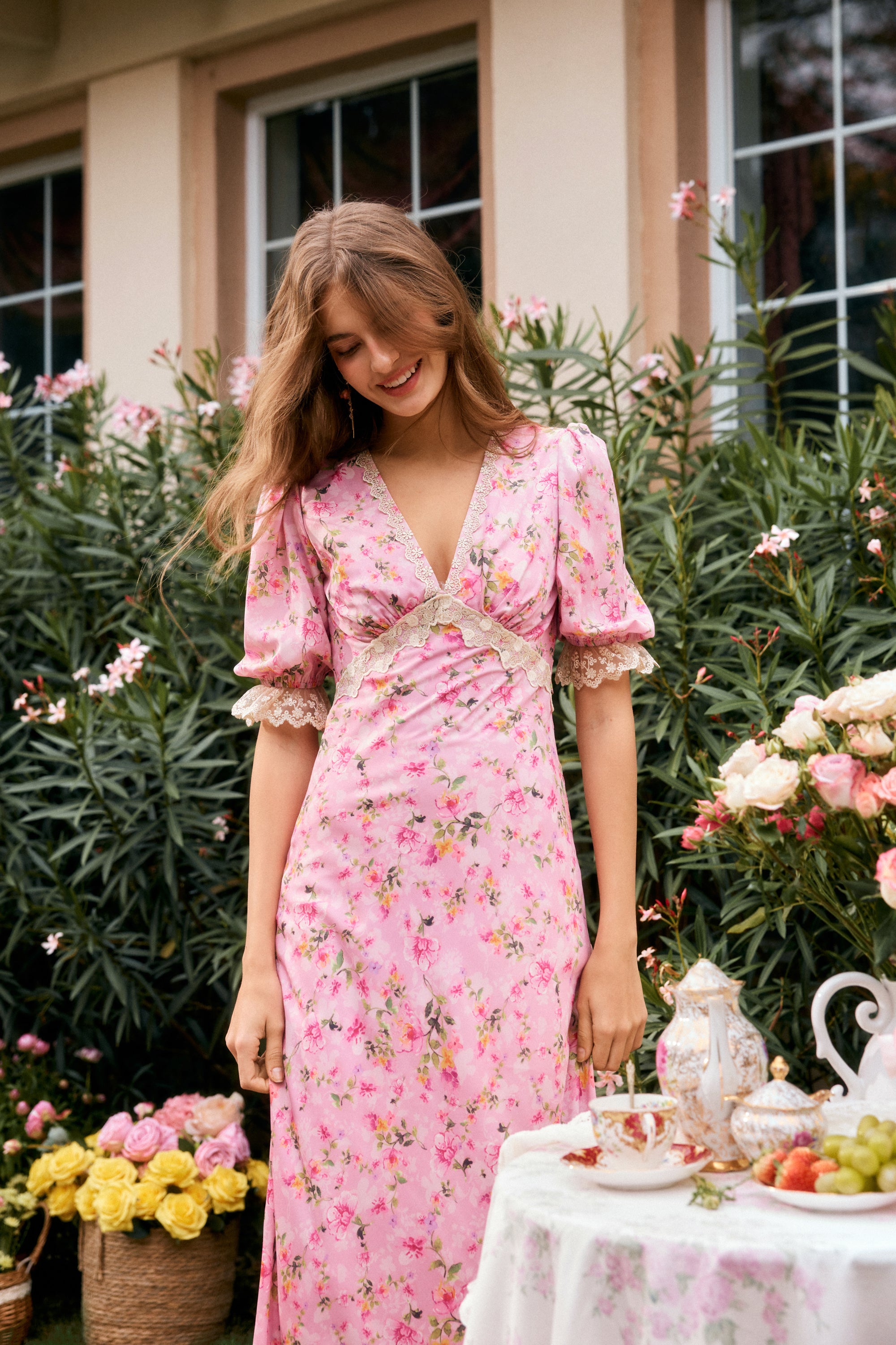 Divia Floral Georgette Midi Dress in Carnation Pink