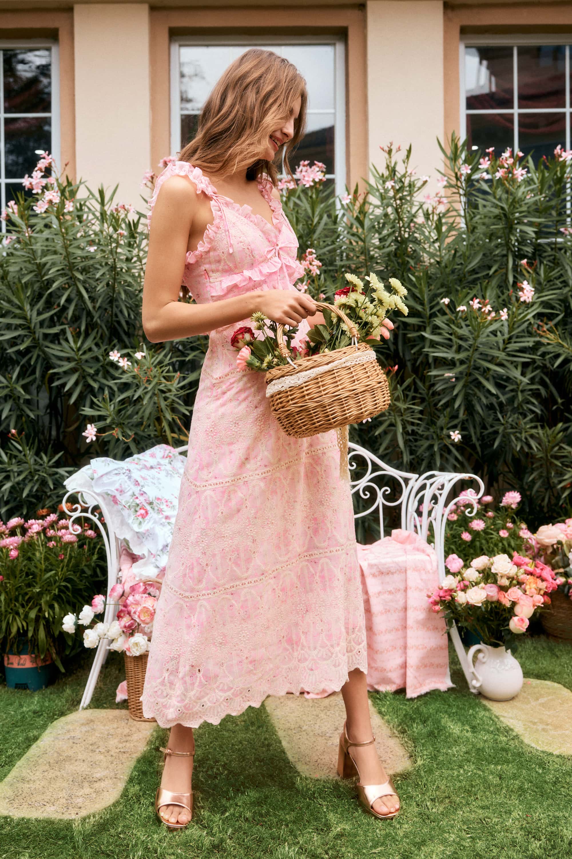 Helena Embroidered Chiffon Midi Dress in Blush Pink
