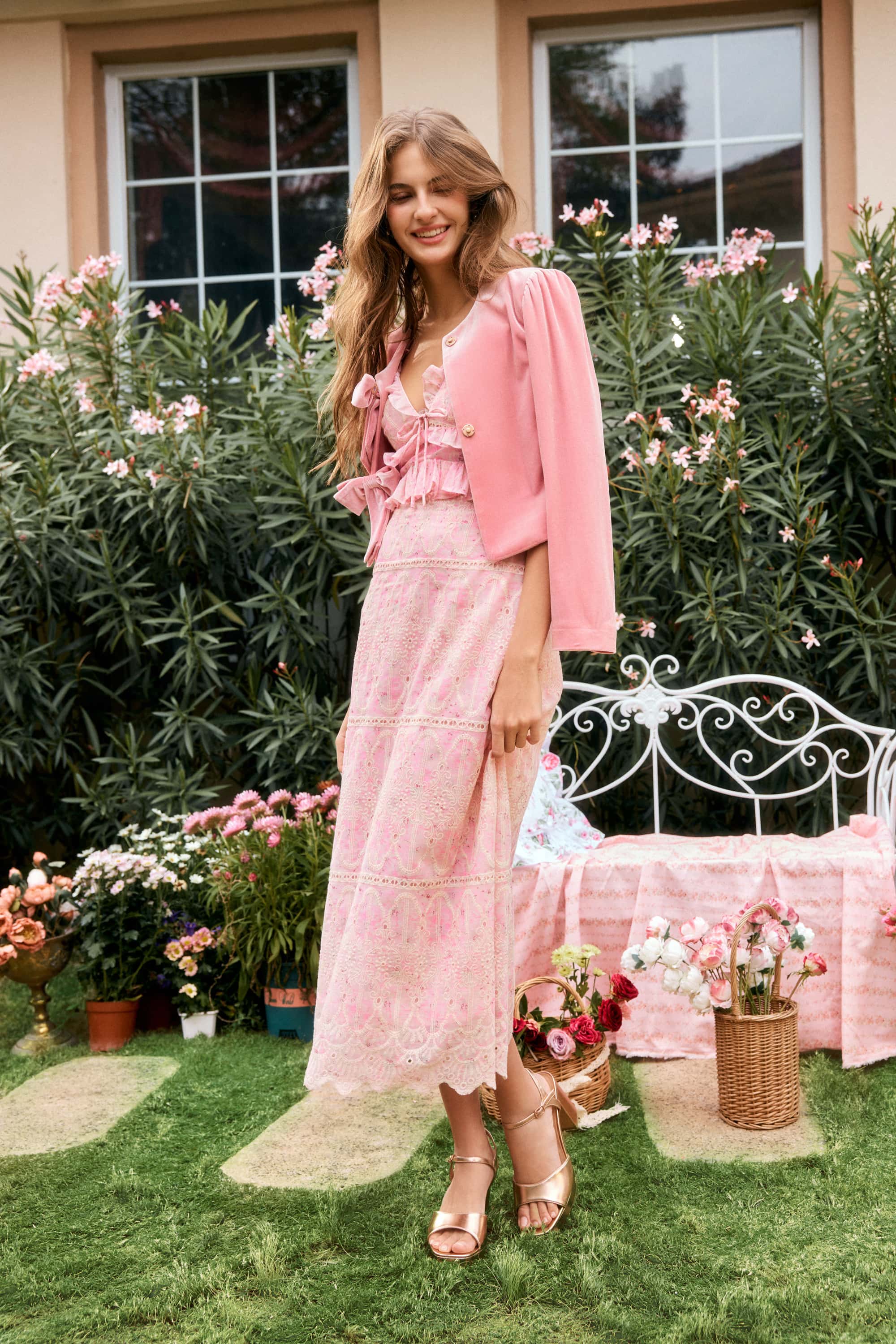 Helena Embroidered Chiffon Midi Dress in Blush Pink