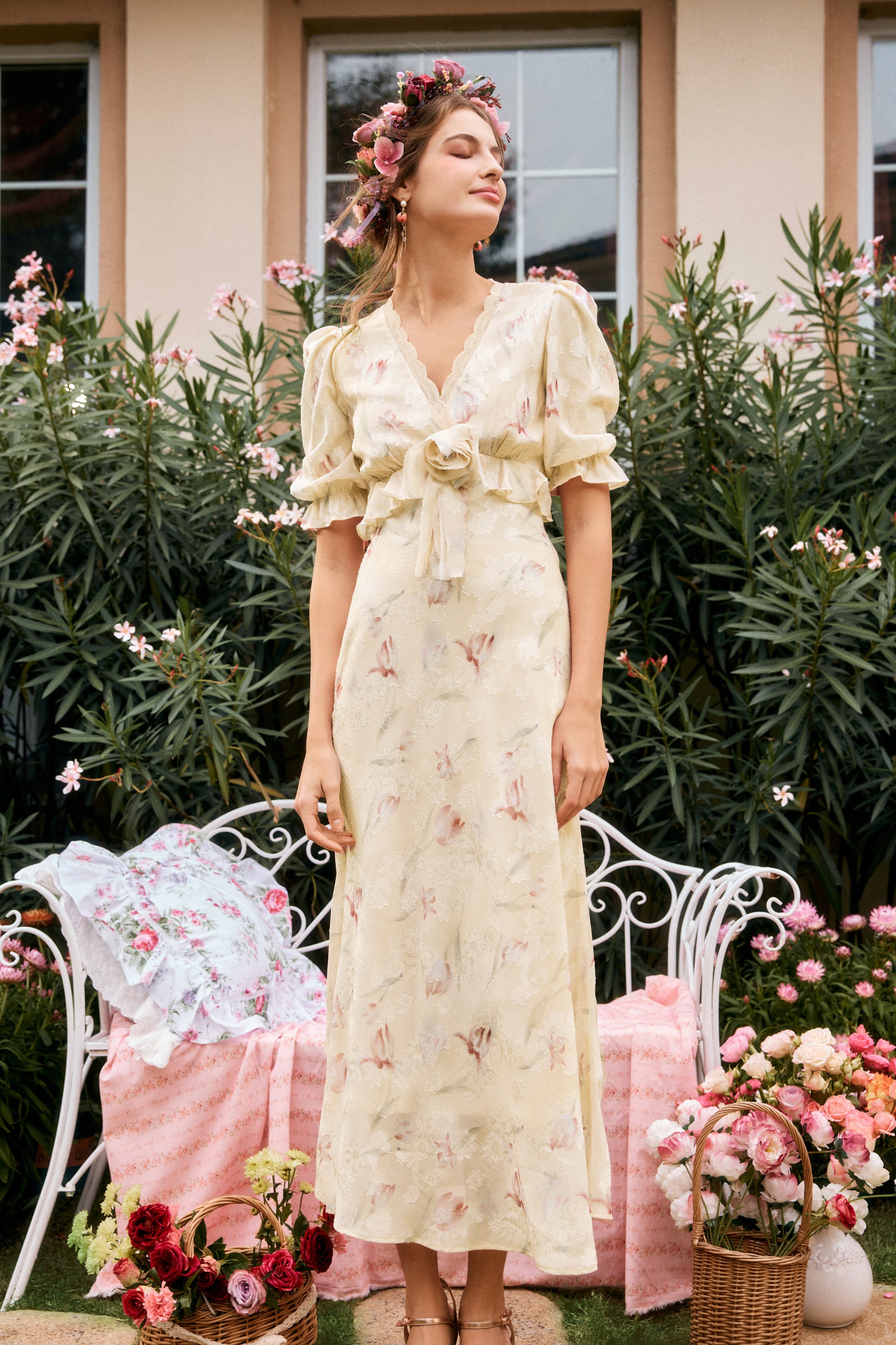Archie Applique Chiffon Maxi Dress in Champagne Yellow