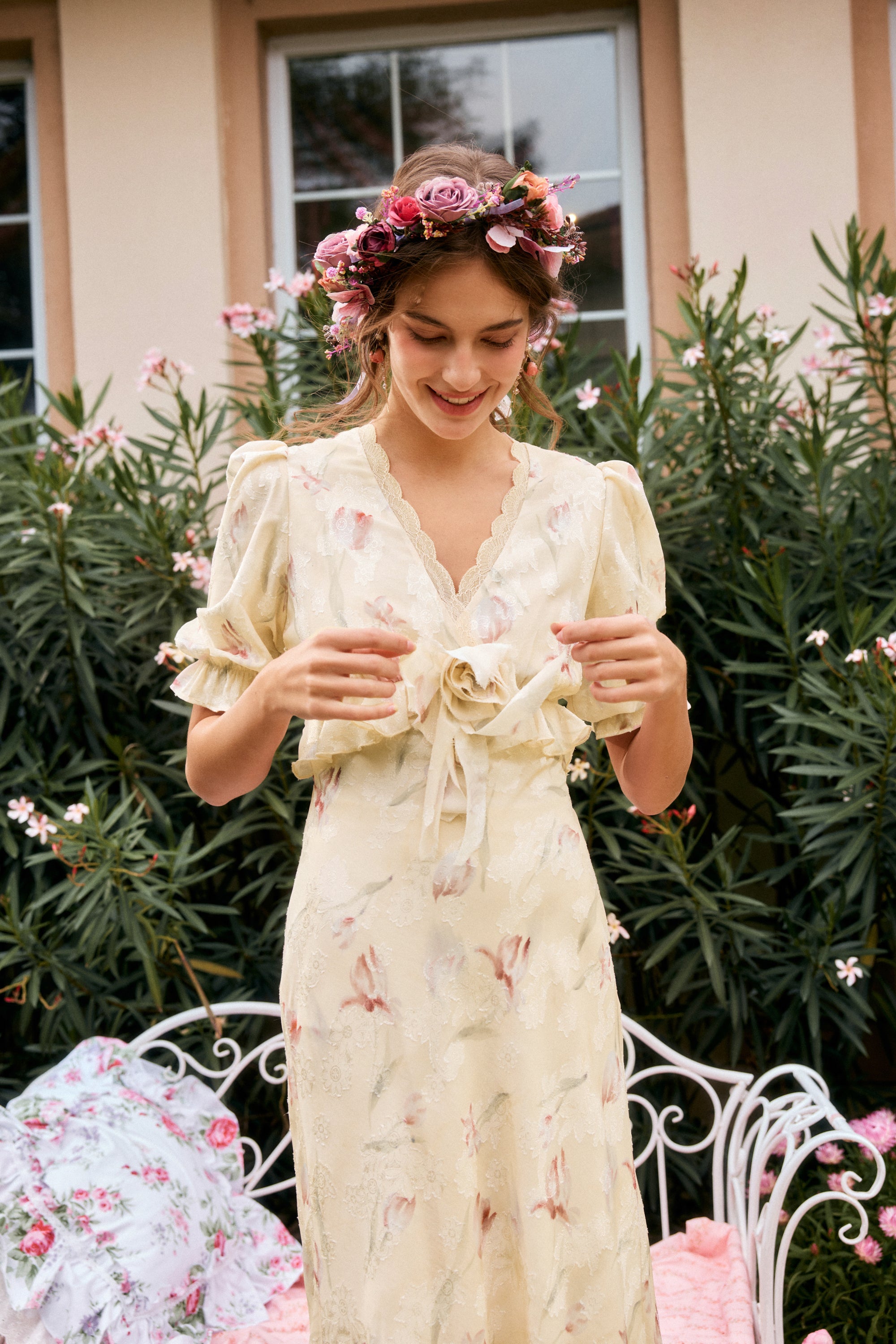 Archie Applique Chiffon Maxi Dress in Champagne Yellow