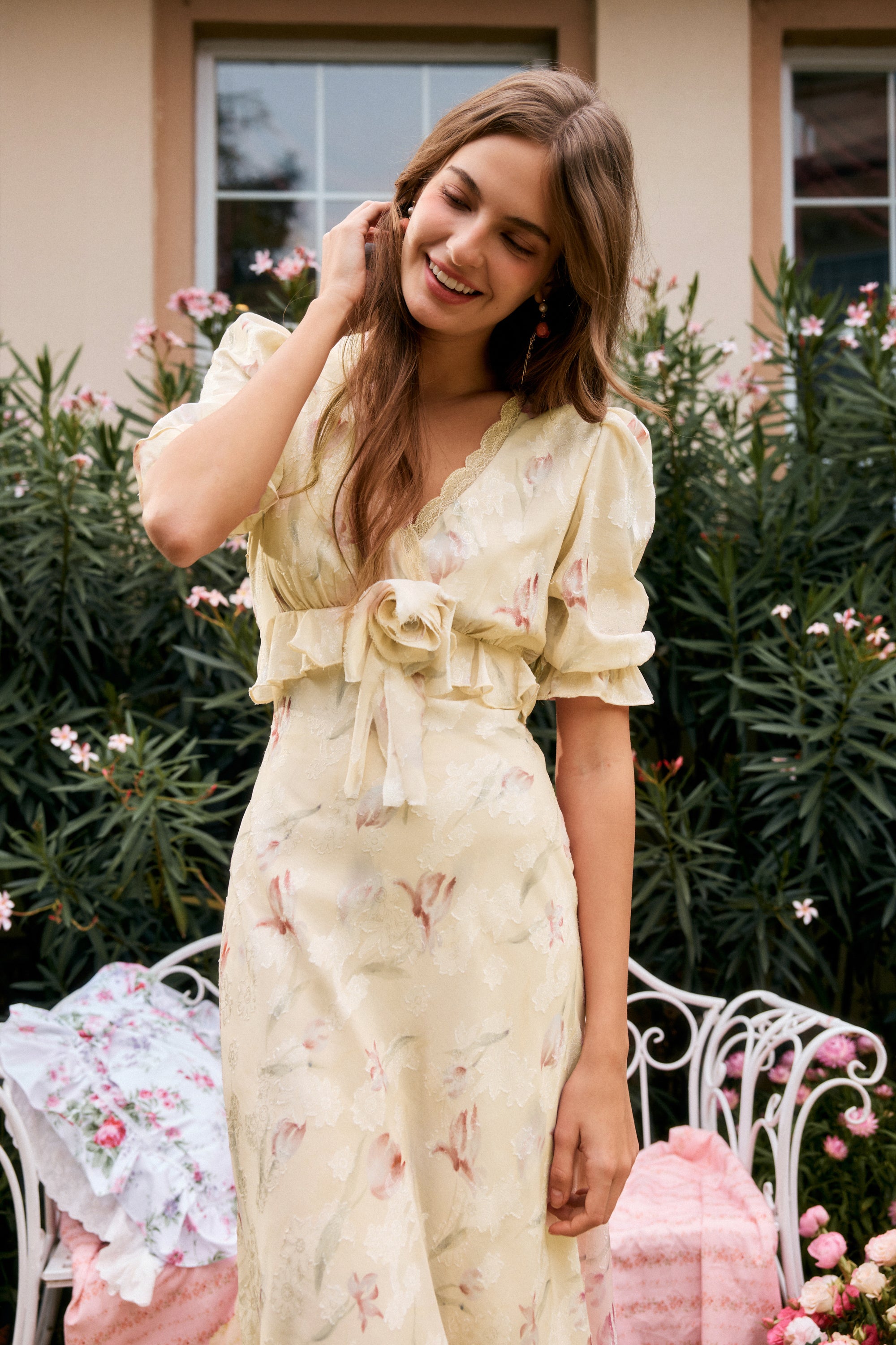 Archie Applique Chiffon Maxi Dress in Champagne Yellow