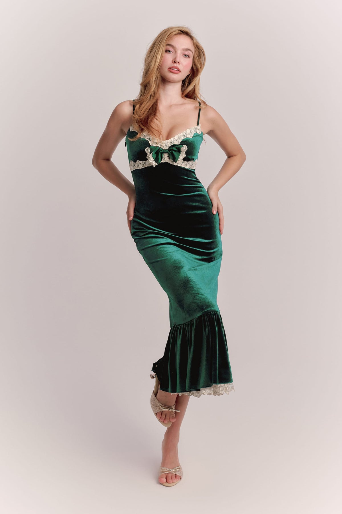 Della Green Velvet Lace-Trimmed Maxi Dress