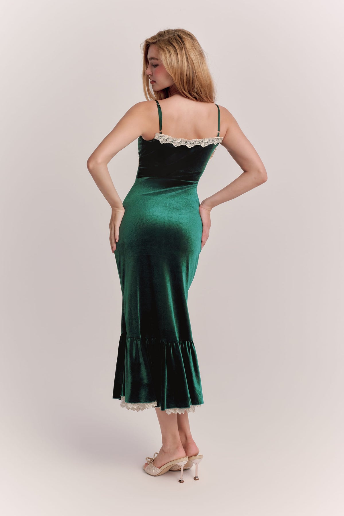 Della Green Velvet Lace-Trimmed Maxi Dress