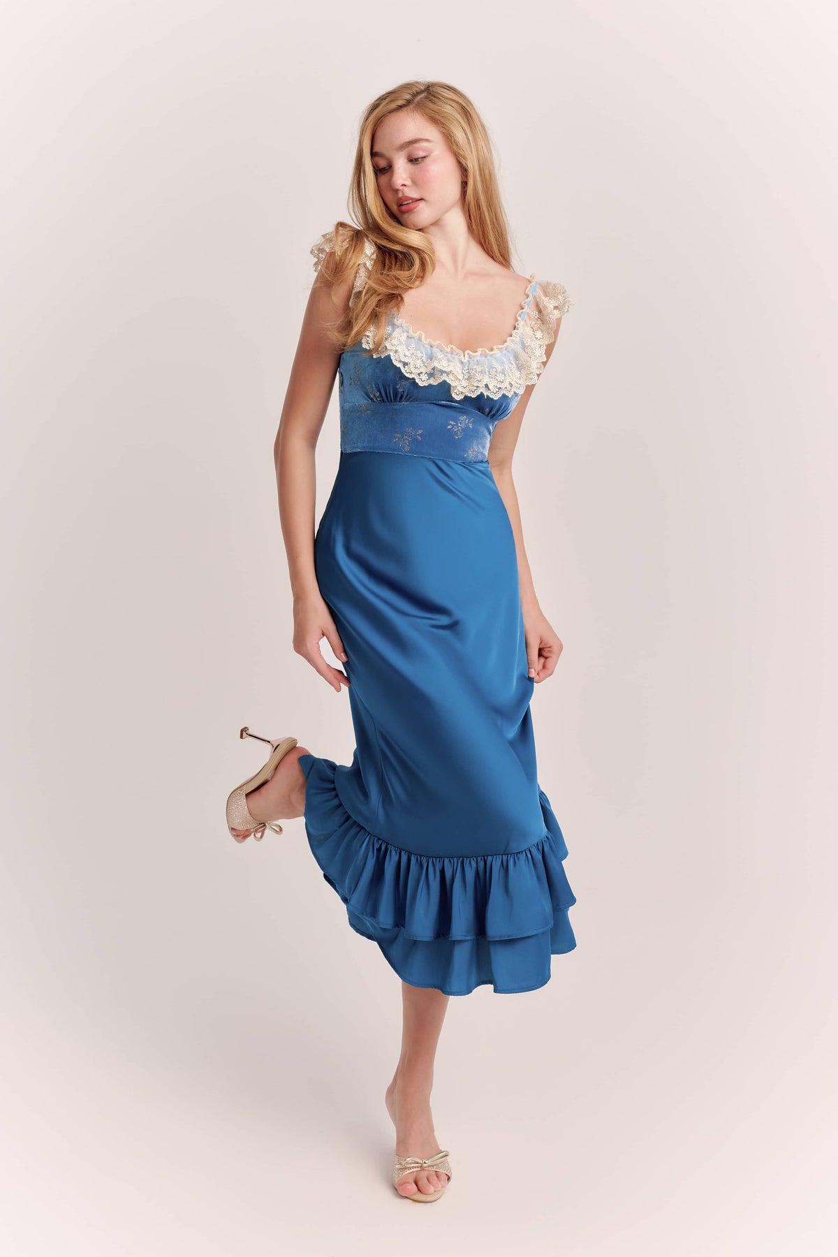 Sienna Blue Jacquard Satin Slip Midi Dress