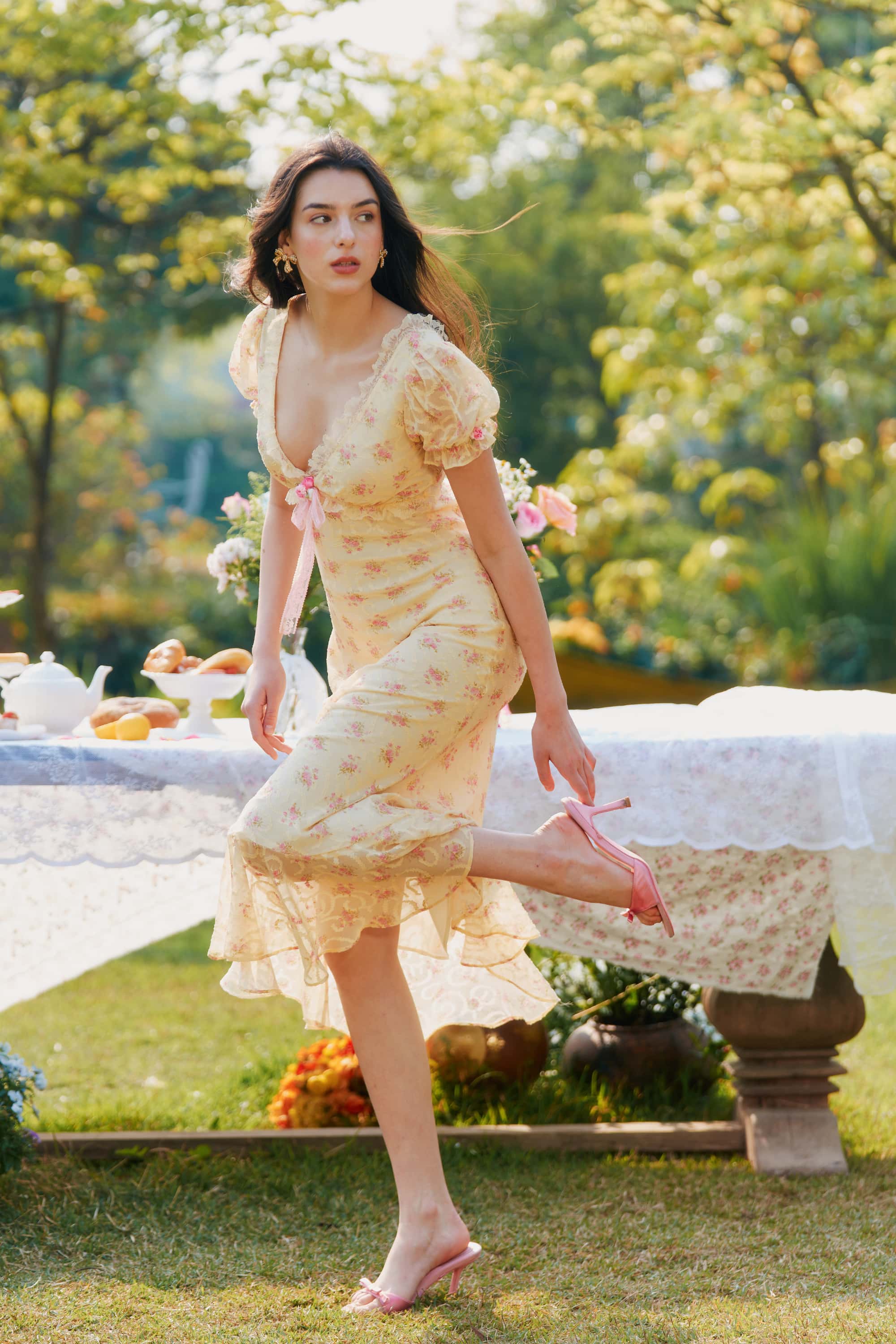 Maeve Applique Chiffon Midi Dress in Marigold Yellow