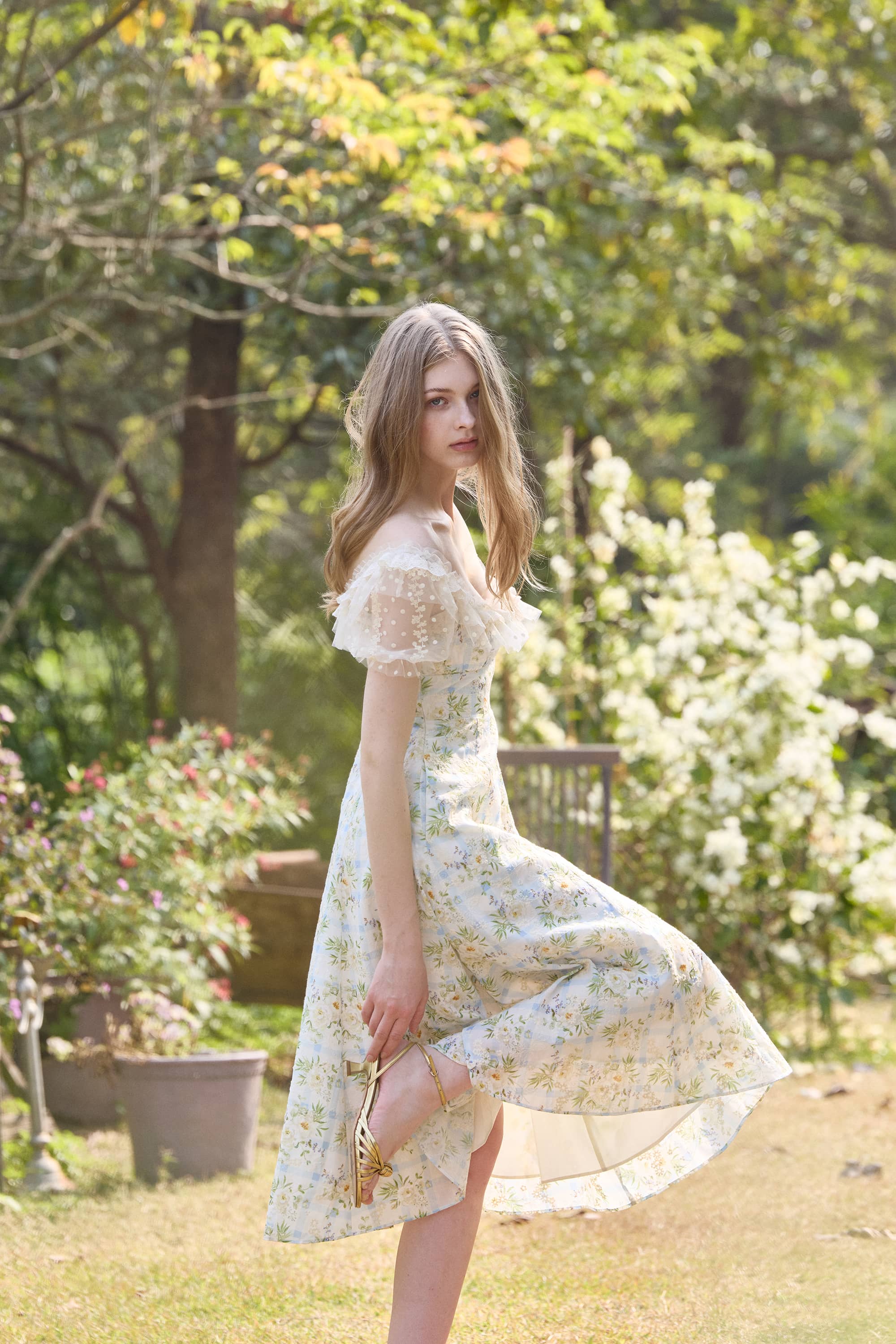 Kimberly Embroidered Cotton Midi Dress in Powder Blue