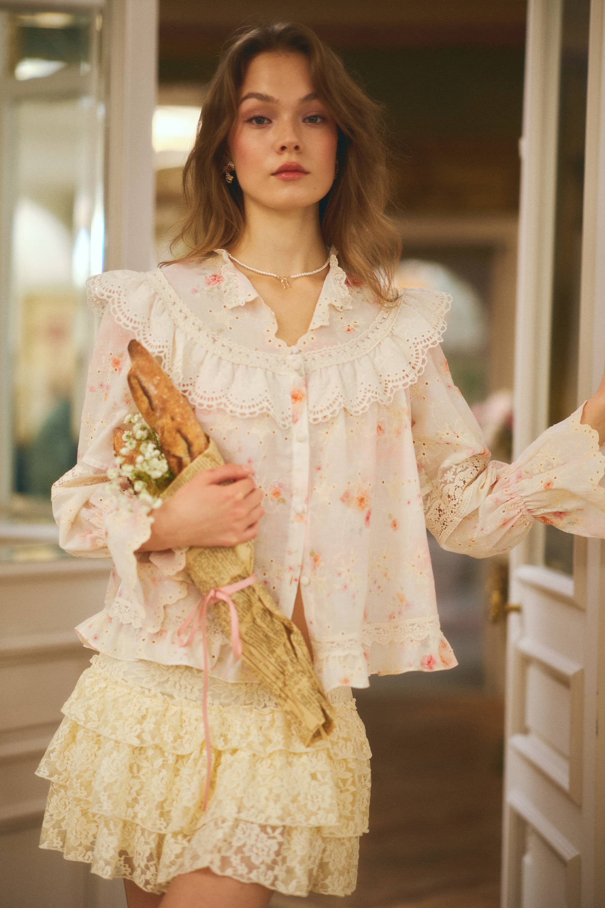 Colette Floral Lace Blouse in Soft Beige