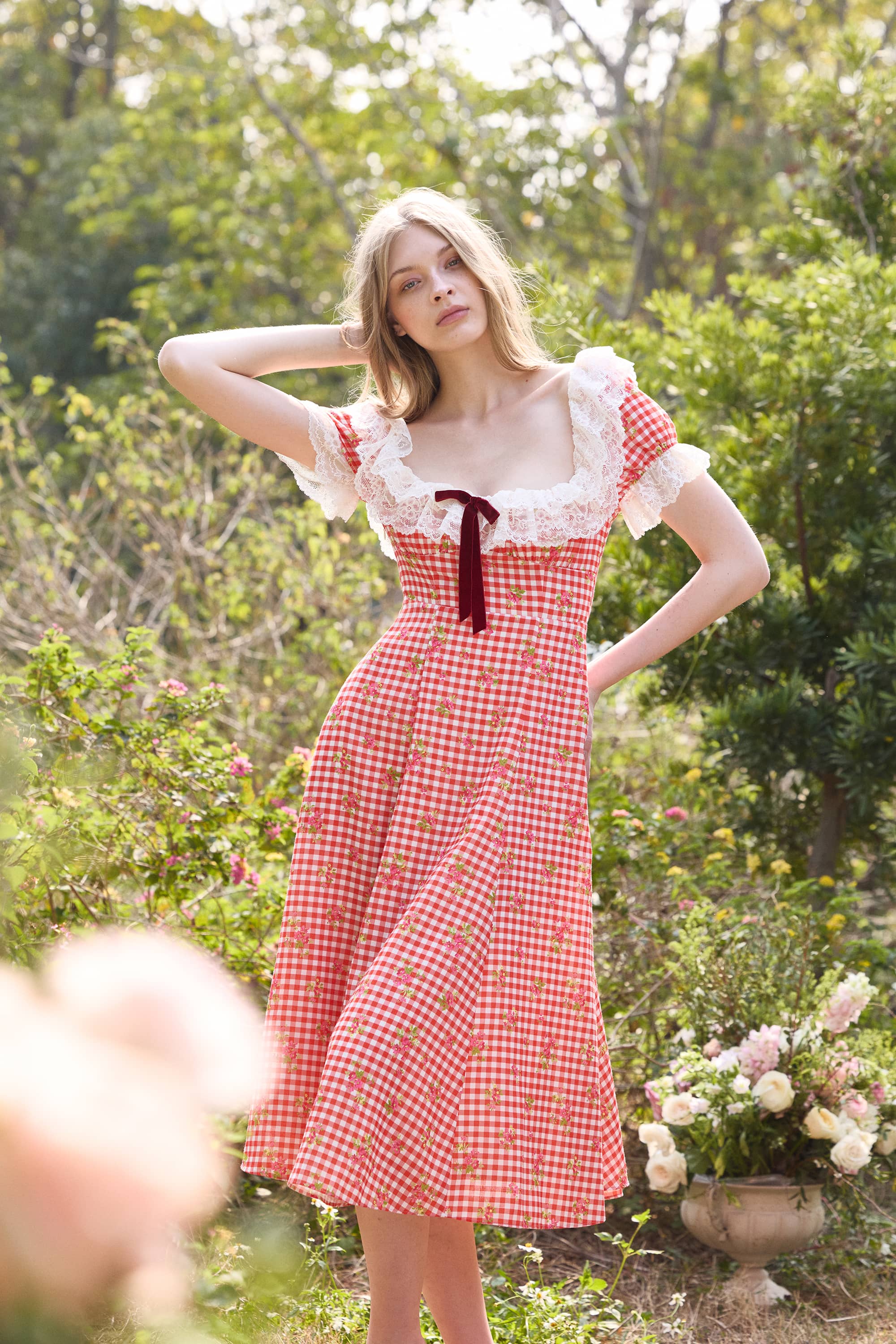 Maebella Floral Lace Midi Dress in Strawberry Red