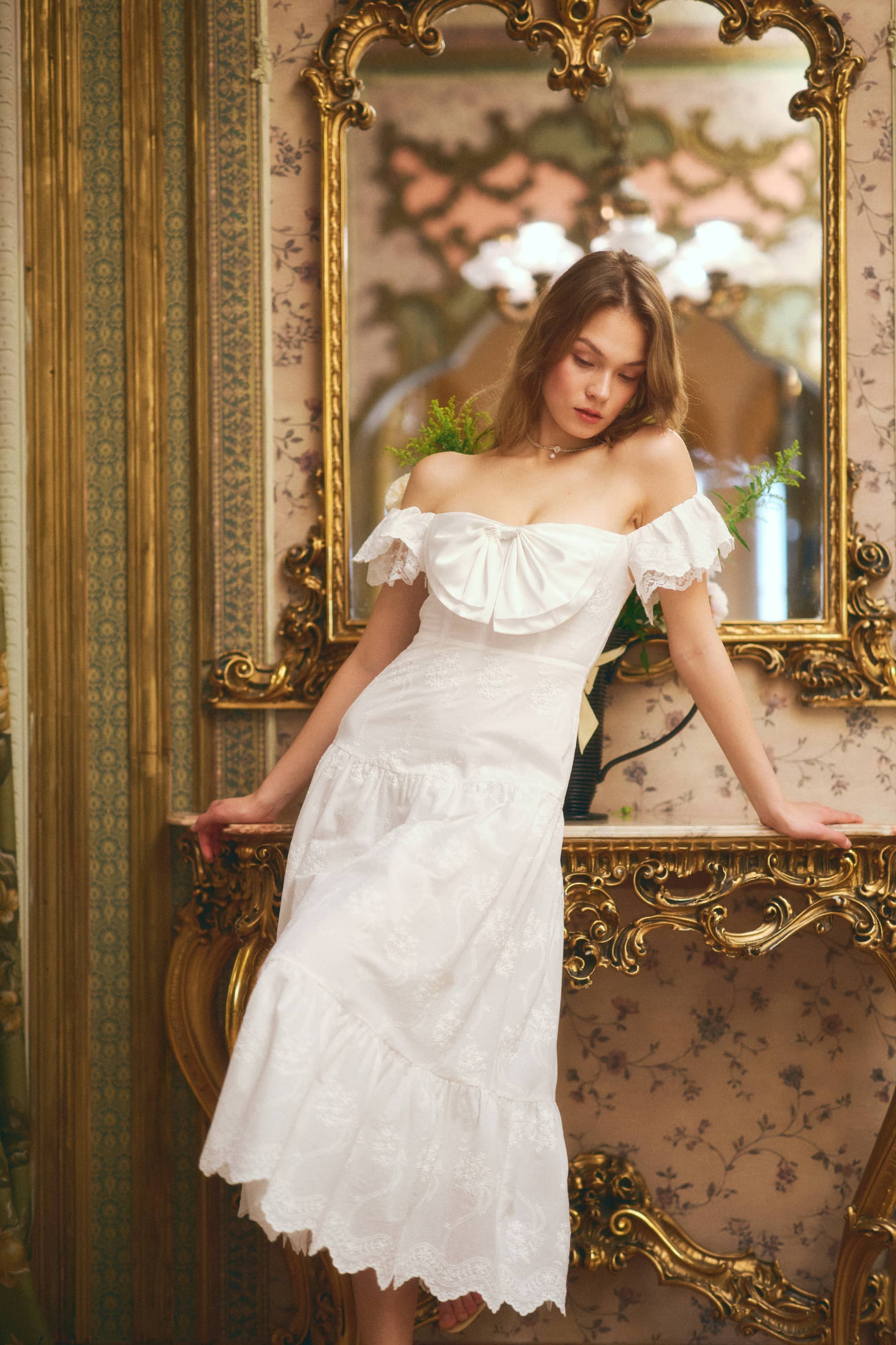 Sabrina Embroidered Cotton Midi Dress in White