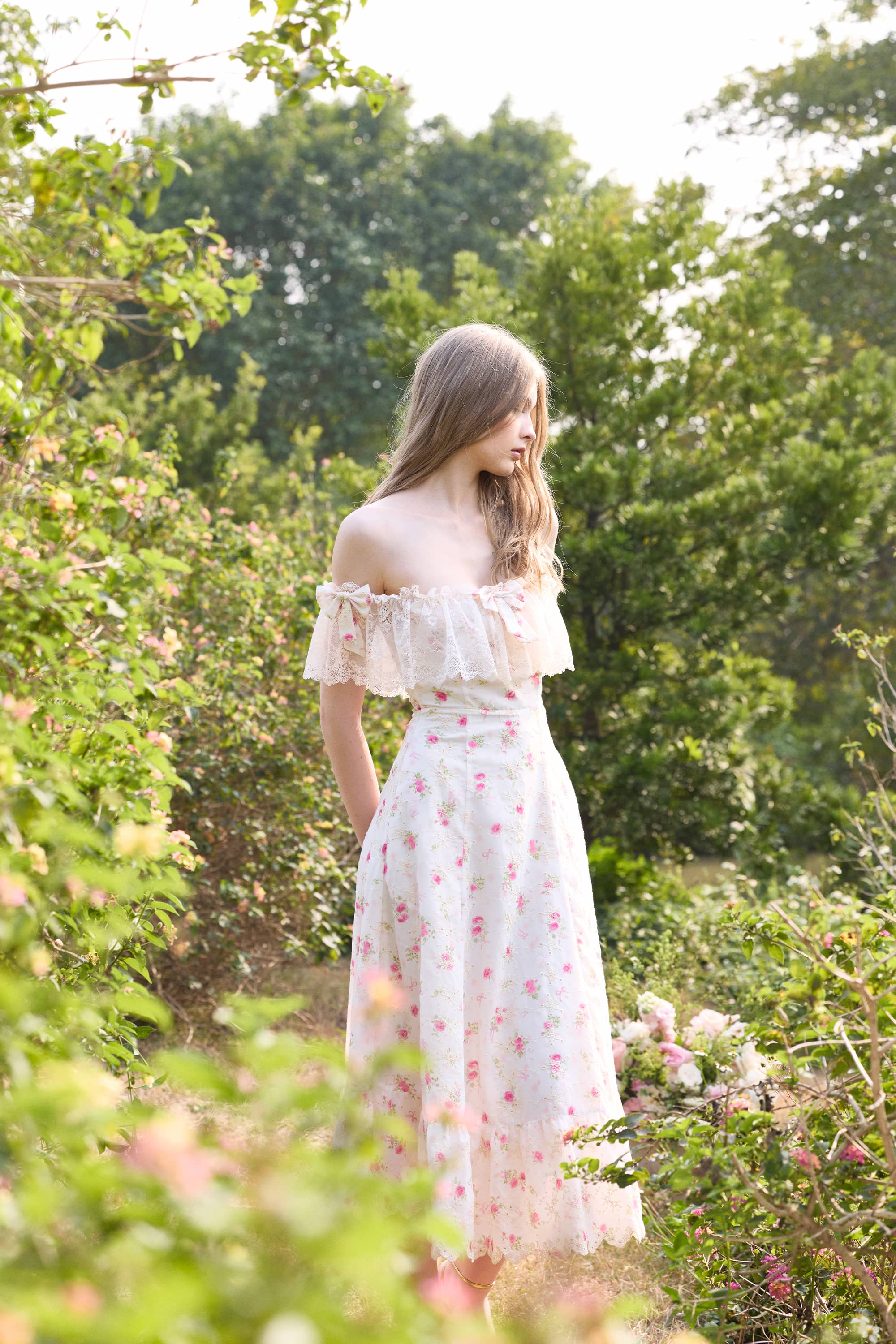 Celina Lace Off-Shoulder Midi Dress in Floral Cream