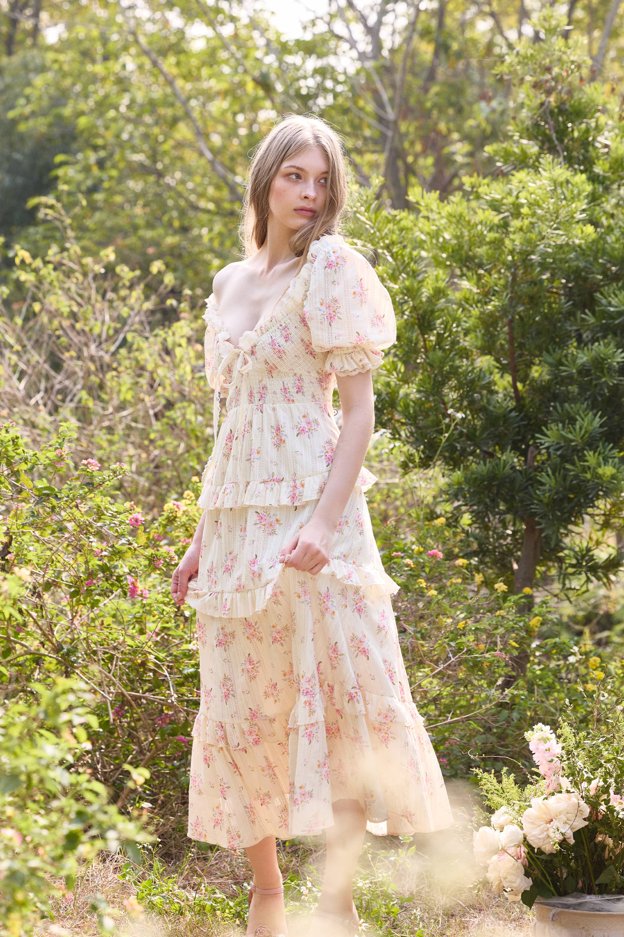 Anabel Floral Cotton Maxi Dress in Beige