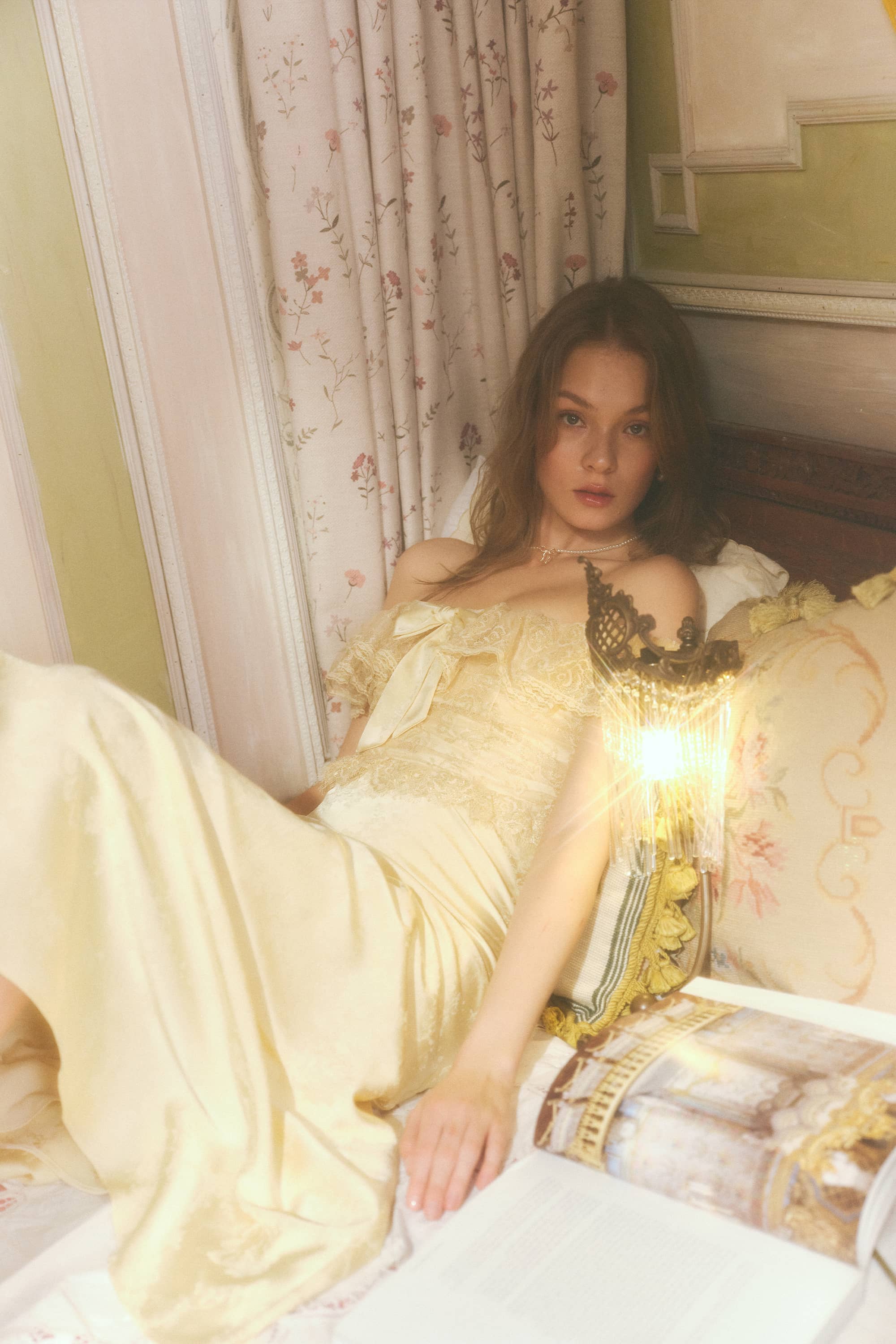 Camellia Jacquard Satin Midi Dress in Buttercream Yellow