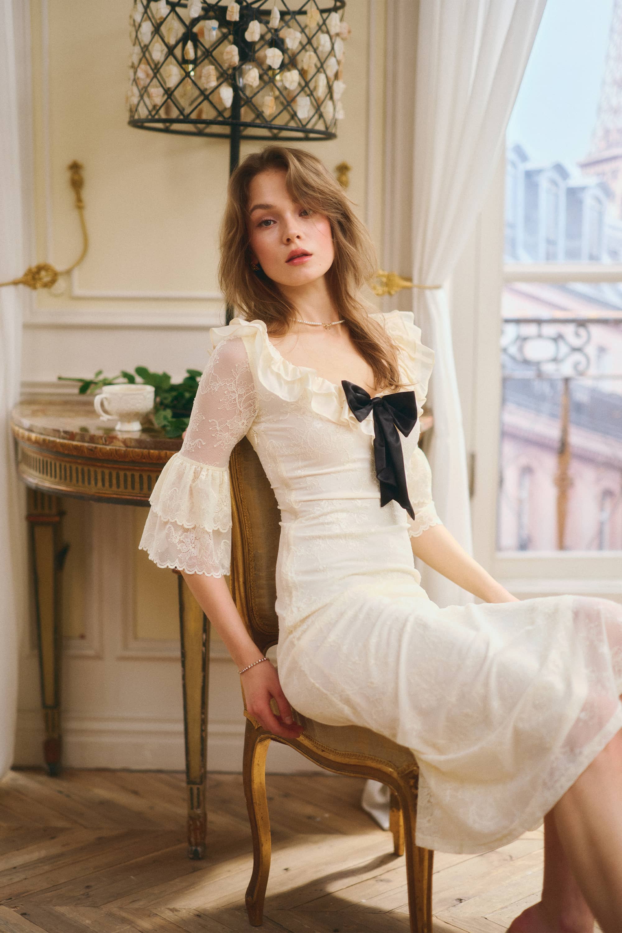 Veronica Stretch Lace Midi Dress in Pearl White