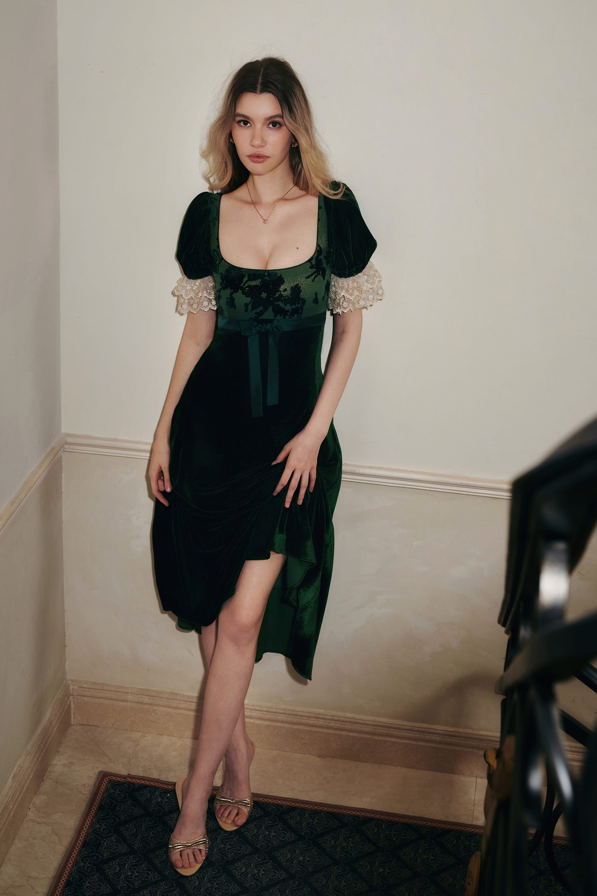 Adele Burnout Velvet Maxi Dress in Emerald Green