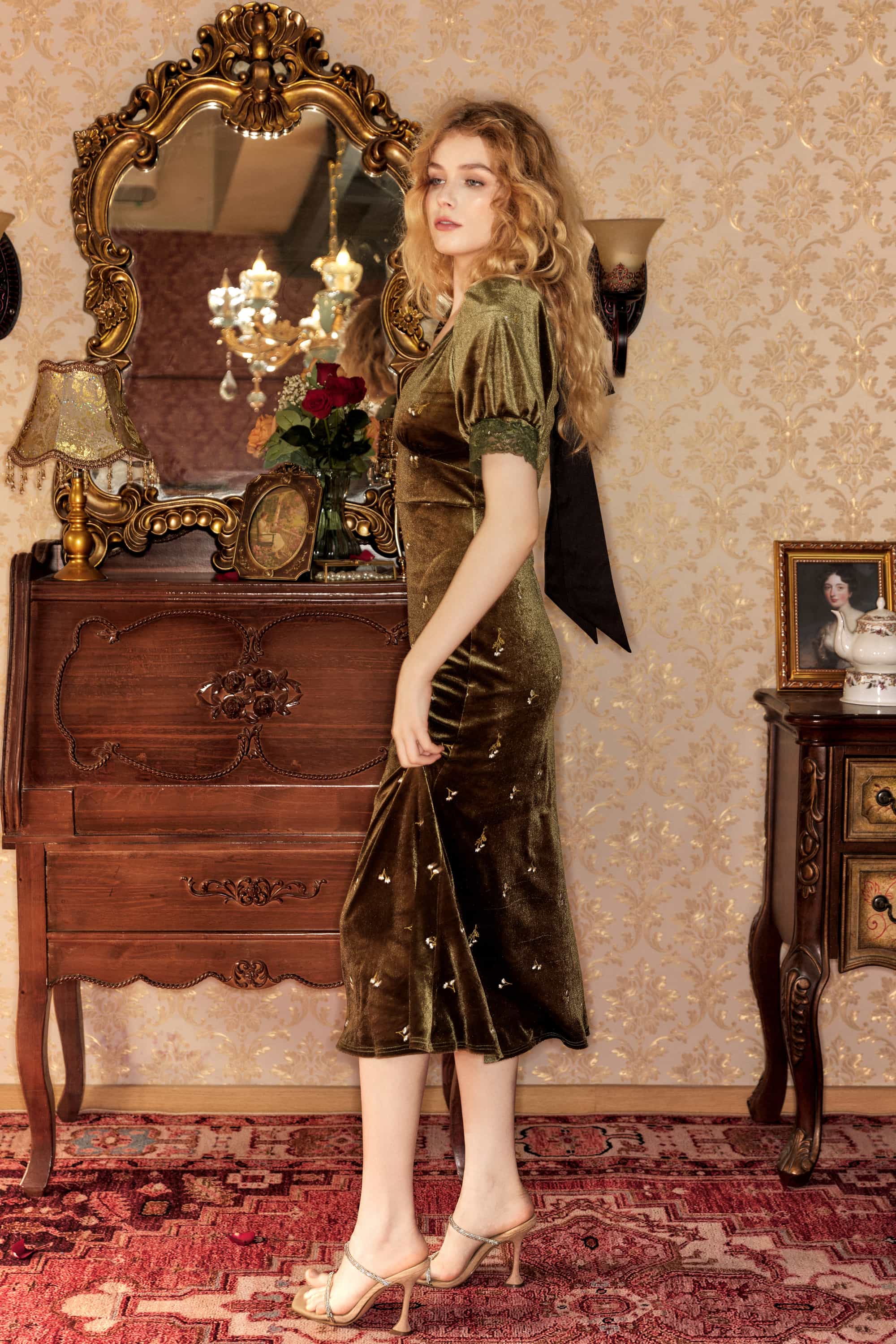 Bree Embroidered Velvet Midi Dress in Olive Green