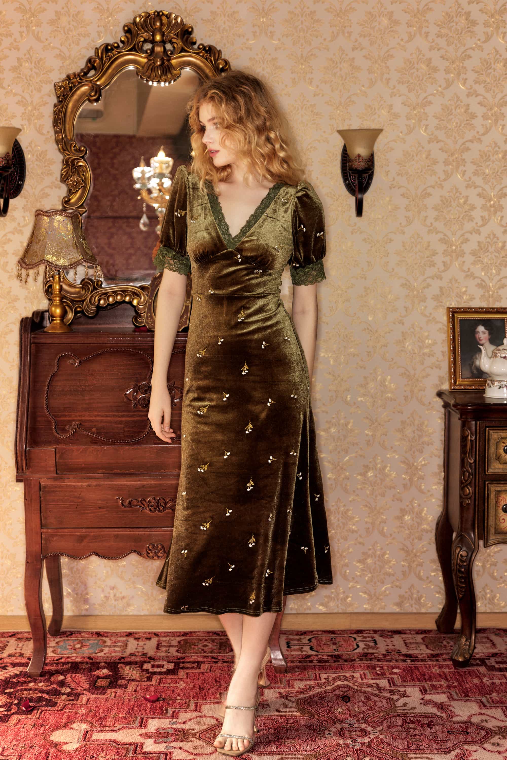 Bree Embroidered Velvet Midi Dress in Olive Green