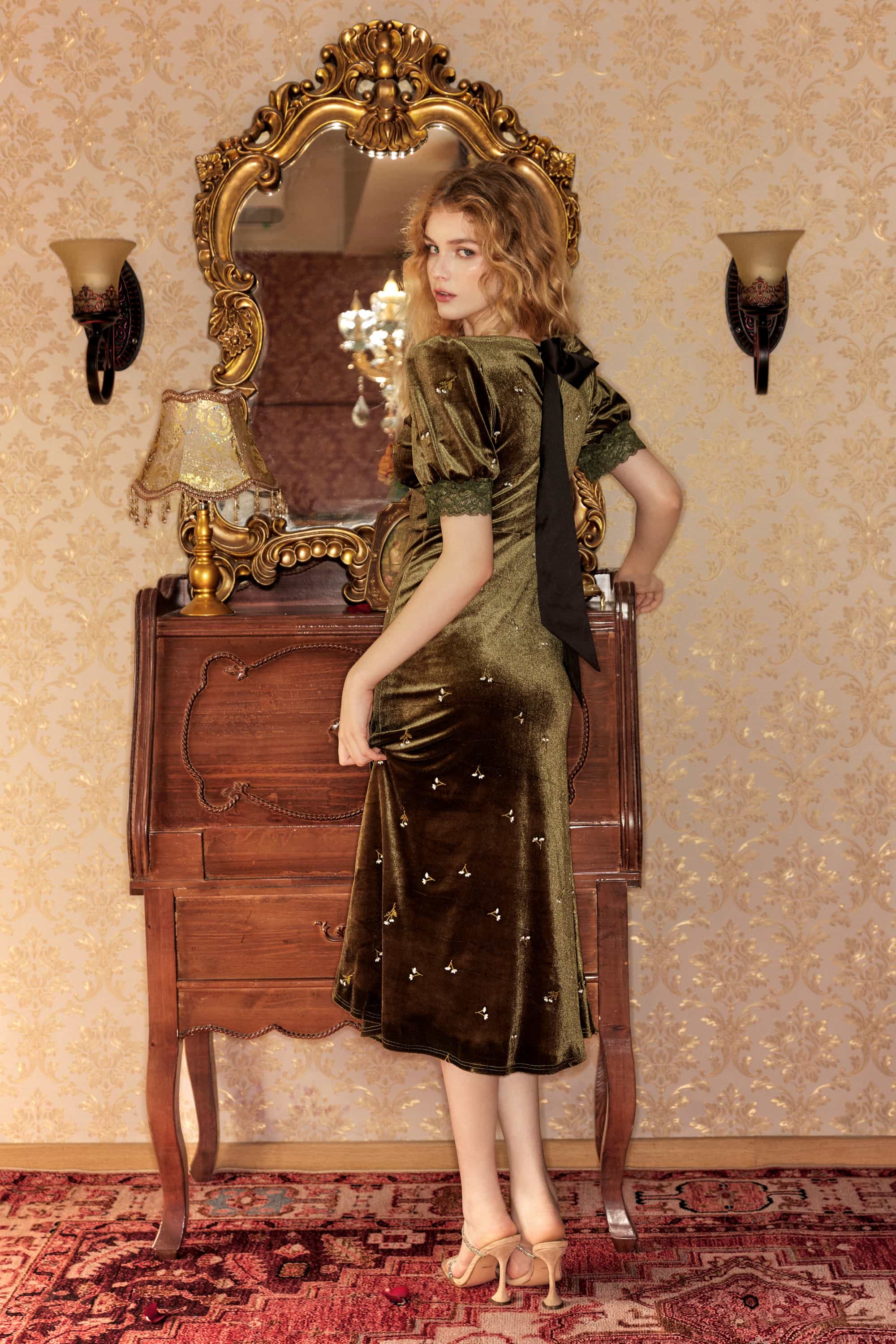 Bree Embroidered Velvet Midi Dress in Olive Green