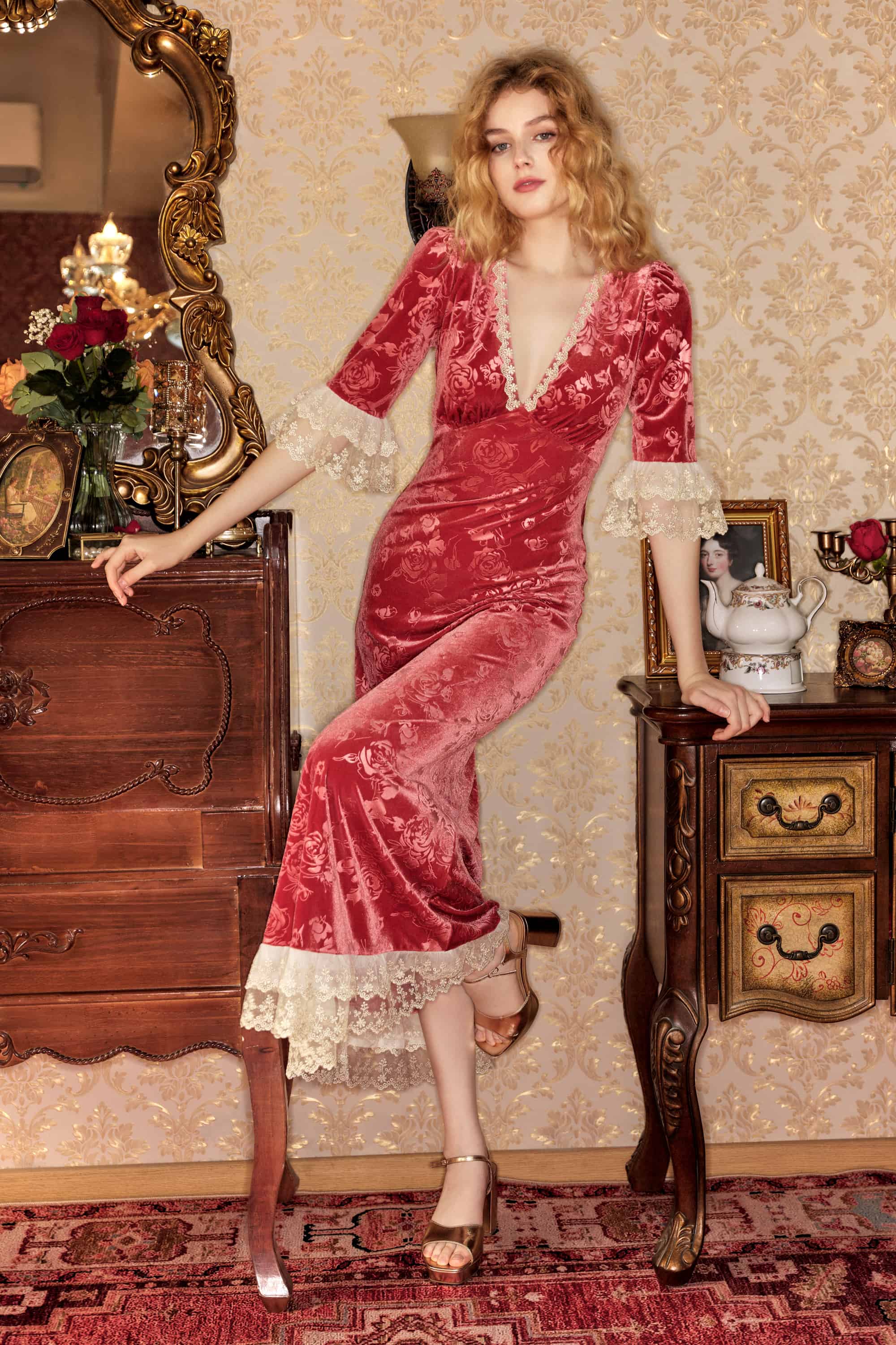 Gwyneth Embossed Velvet Maxi Dress in Vermilion Red