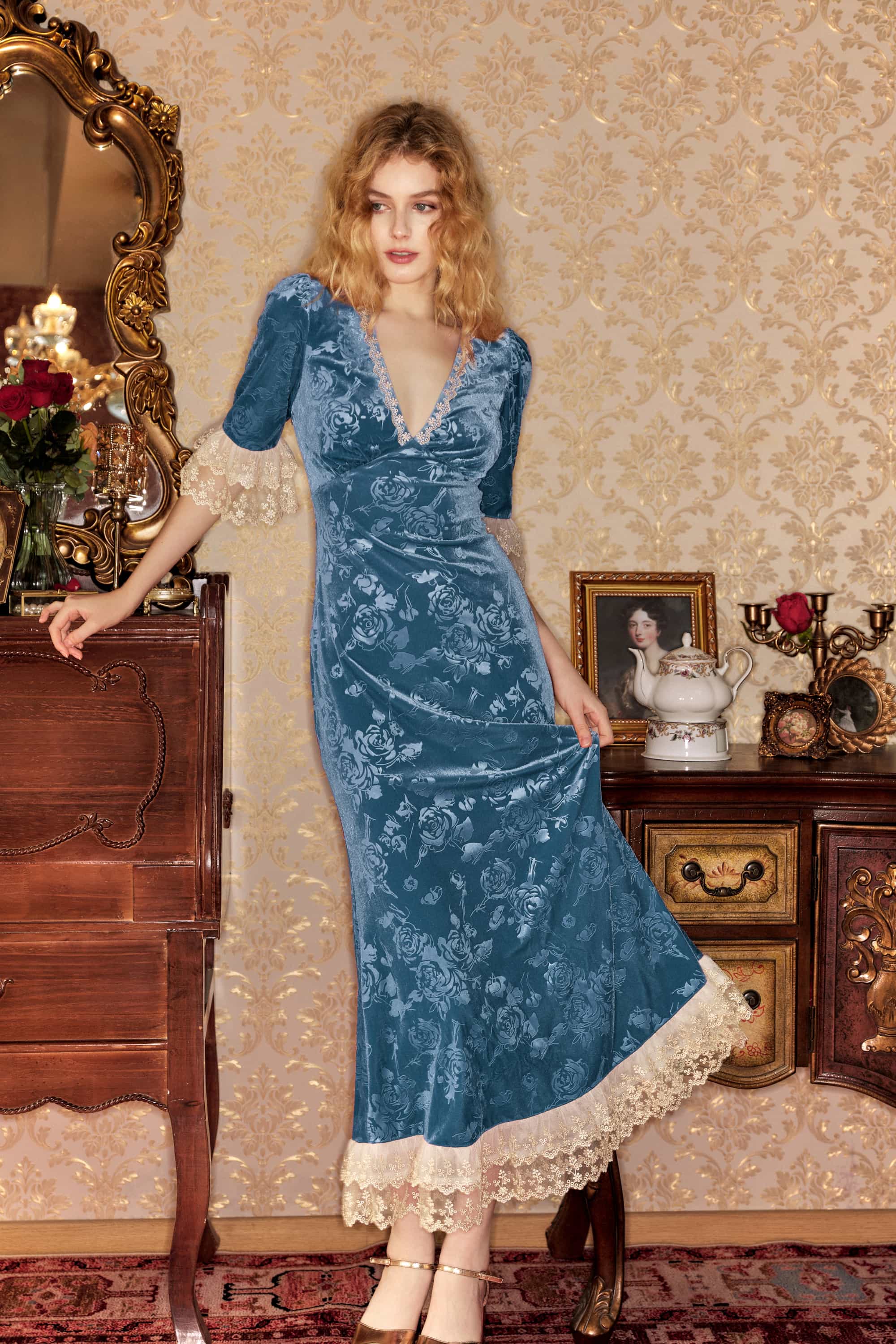 Gwyneth Embossed Velvet Maxi Dress in Lake Blue