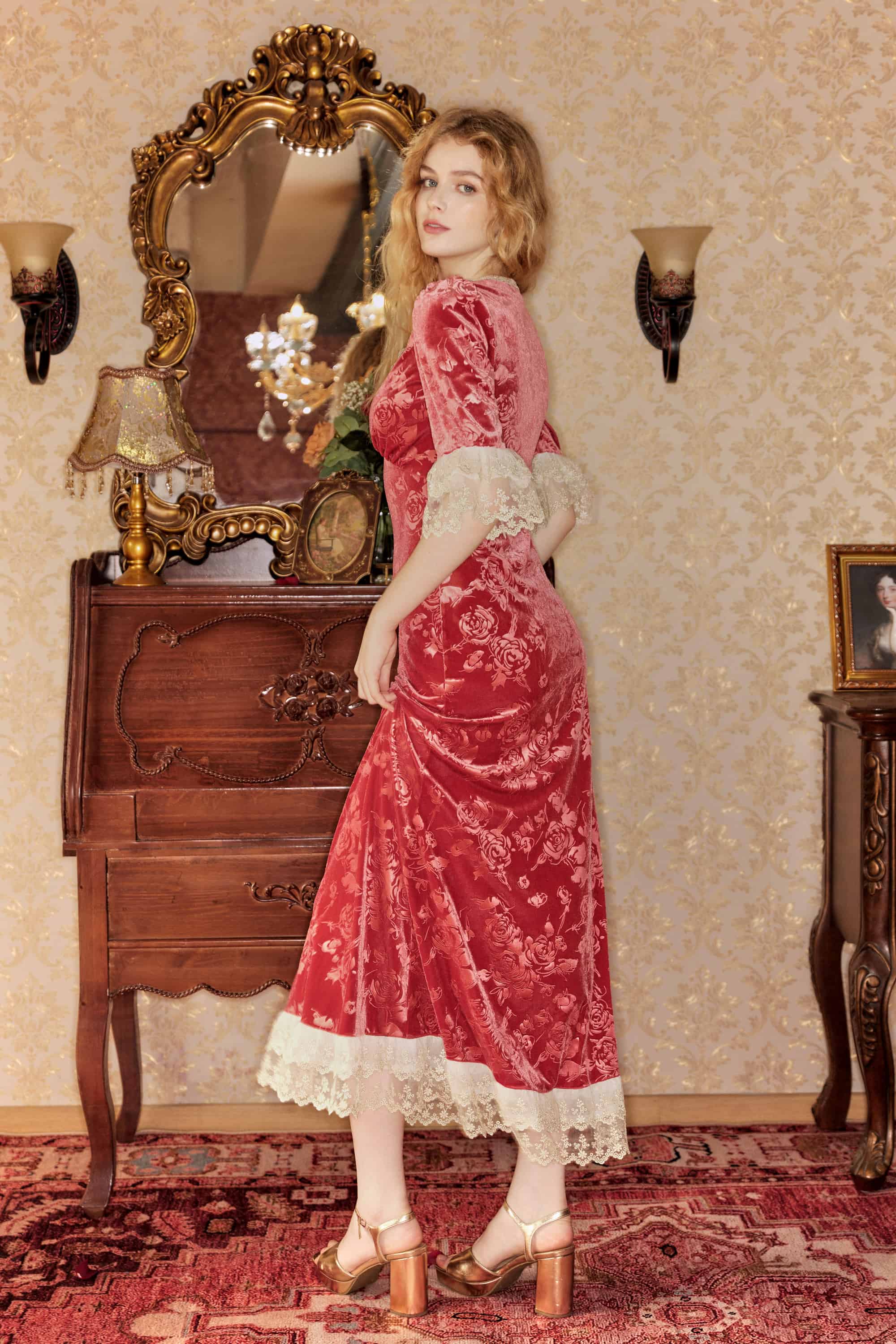 Gwyneth Embossed Velvet Maxi Dress in Vermilion Red