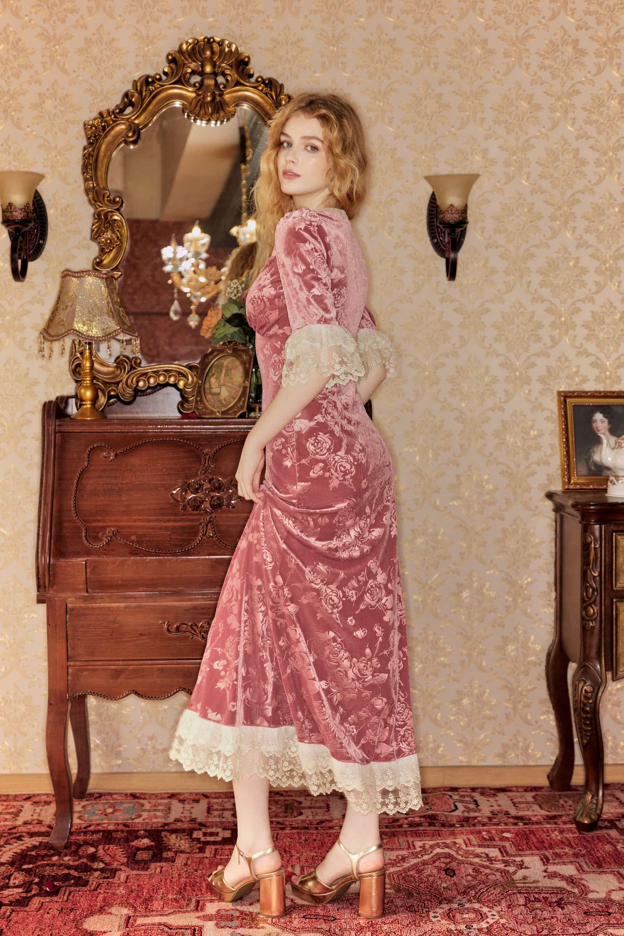 Gwyneth Embossed Velvet Maxi Dress in Dusty Rose Pink