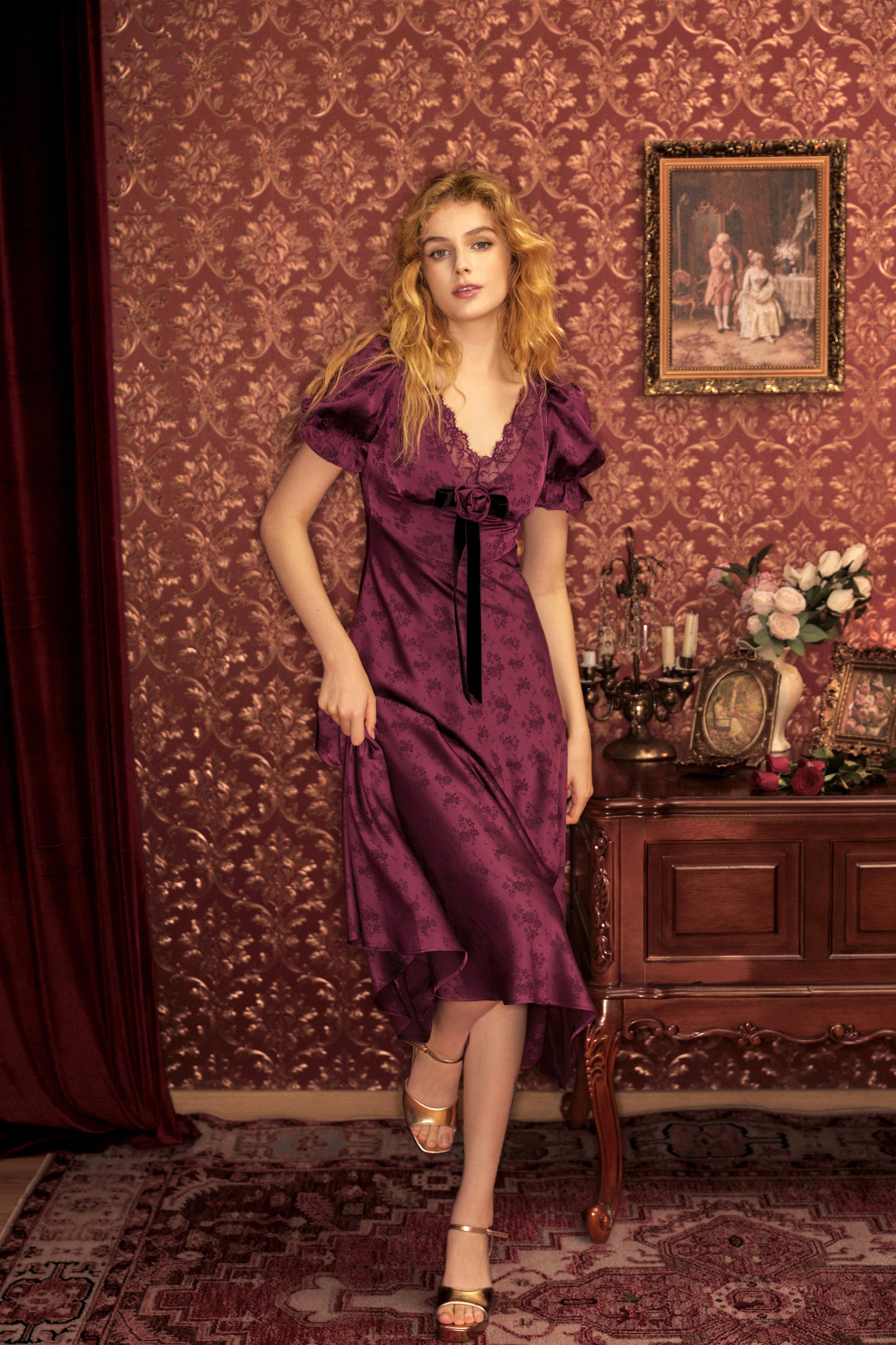 Serita Jacquard Satin Maxi Dress in Mulberry Red
